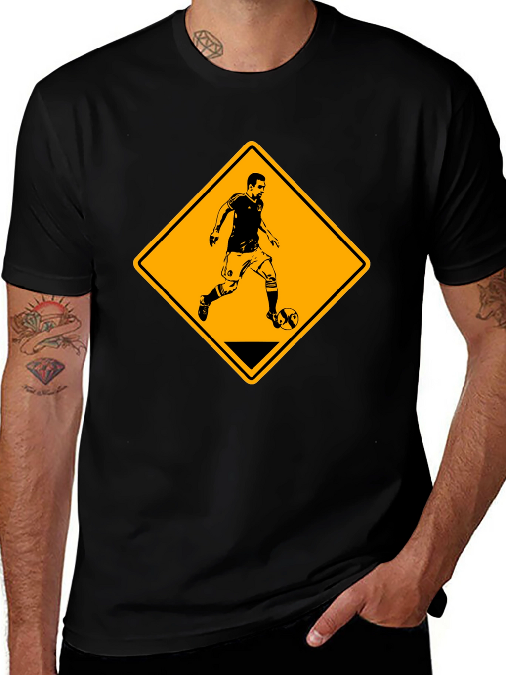 Soccer Player Warning Sign Black Graphic Tee
