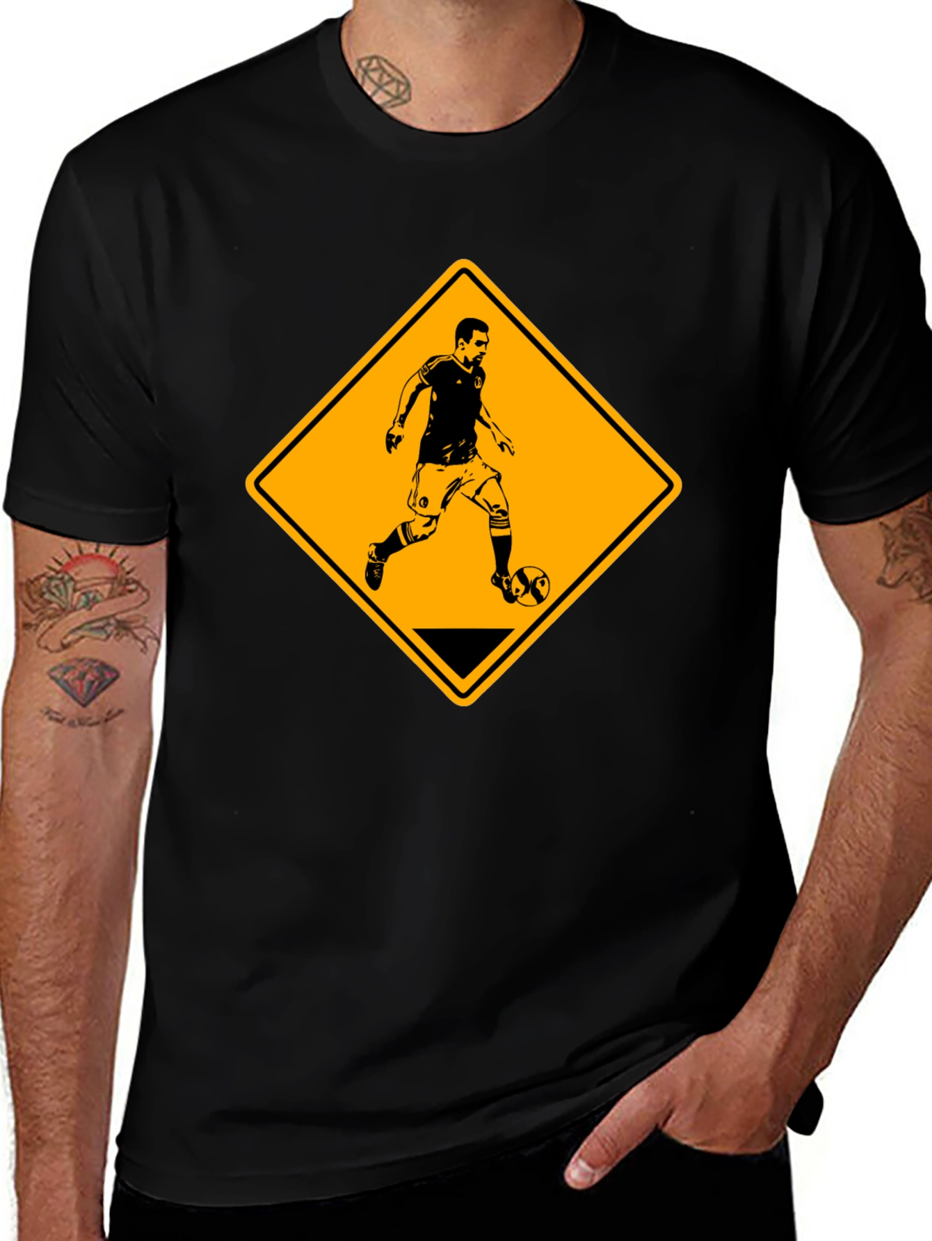 Soccer Player Warning Sign Black Graphic Tee