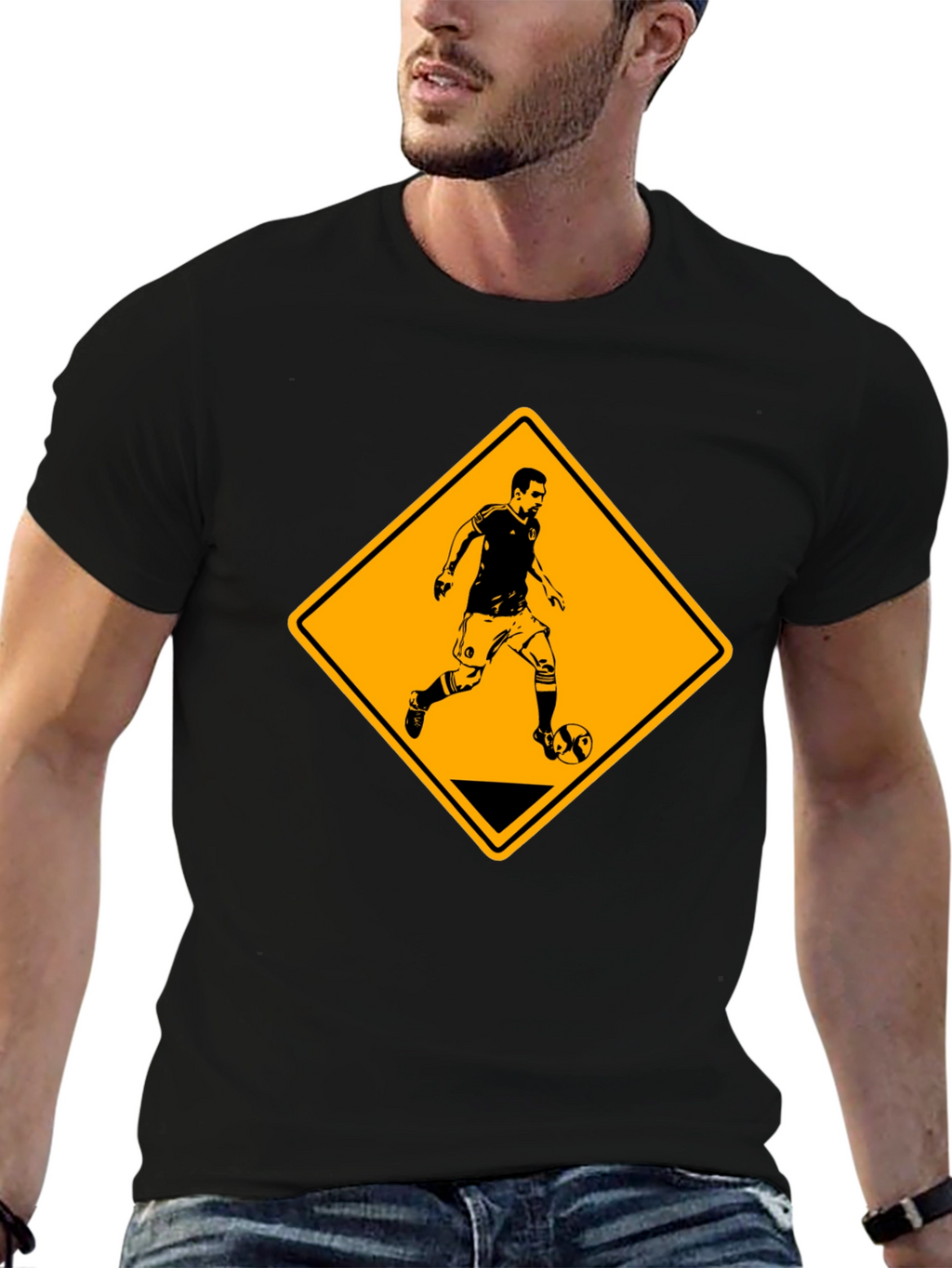 Soccer Player Warning Sign Black Graphic Tee