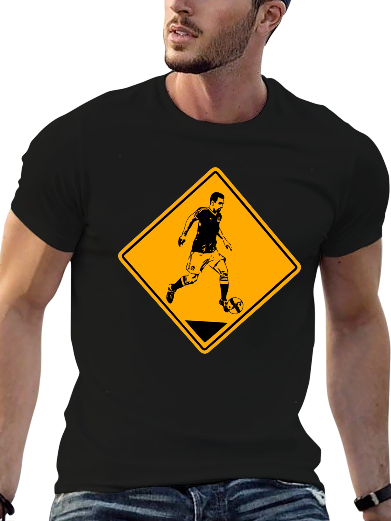 Soccer Player Warning Sign Black Graphic Tee