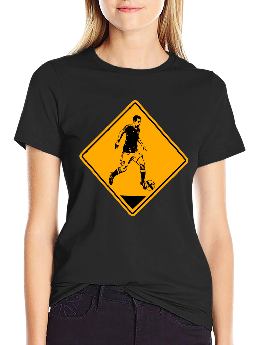Soccer Player Warning Sign Black Graphic Tee