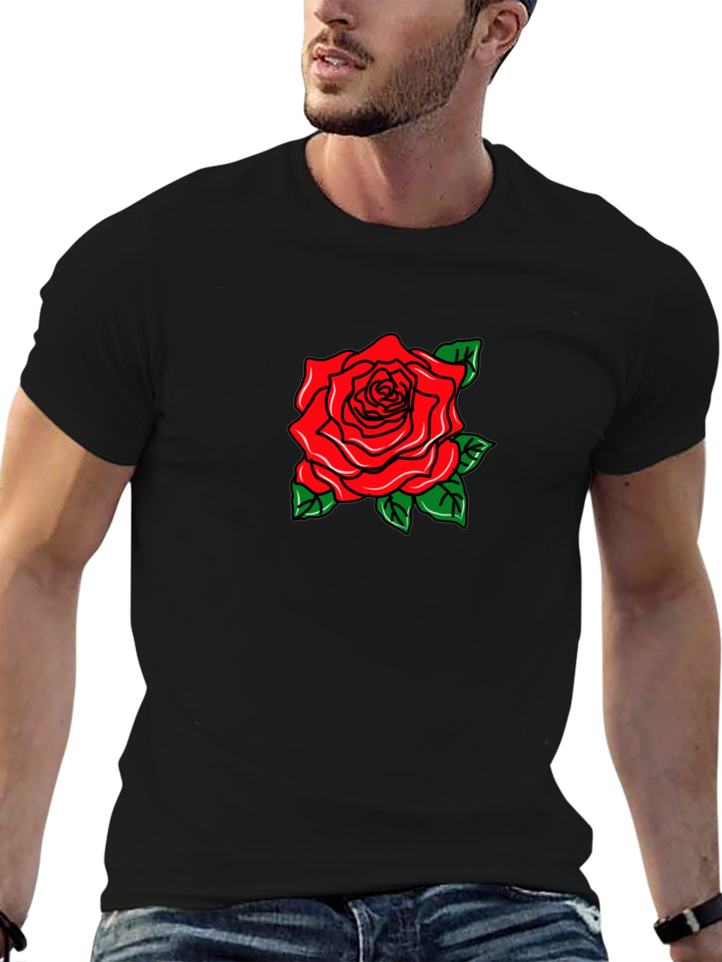 Black T-Shirt with Rose Graphic