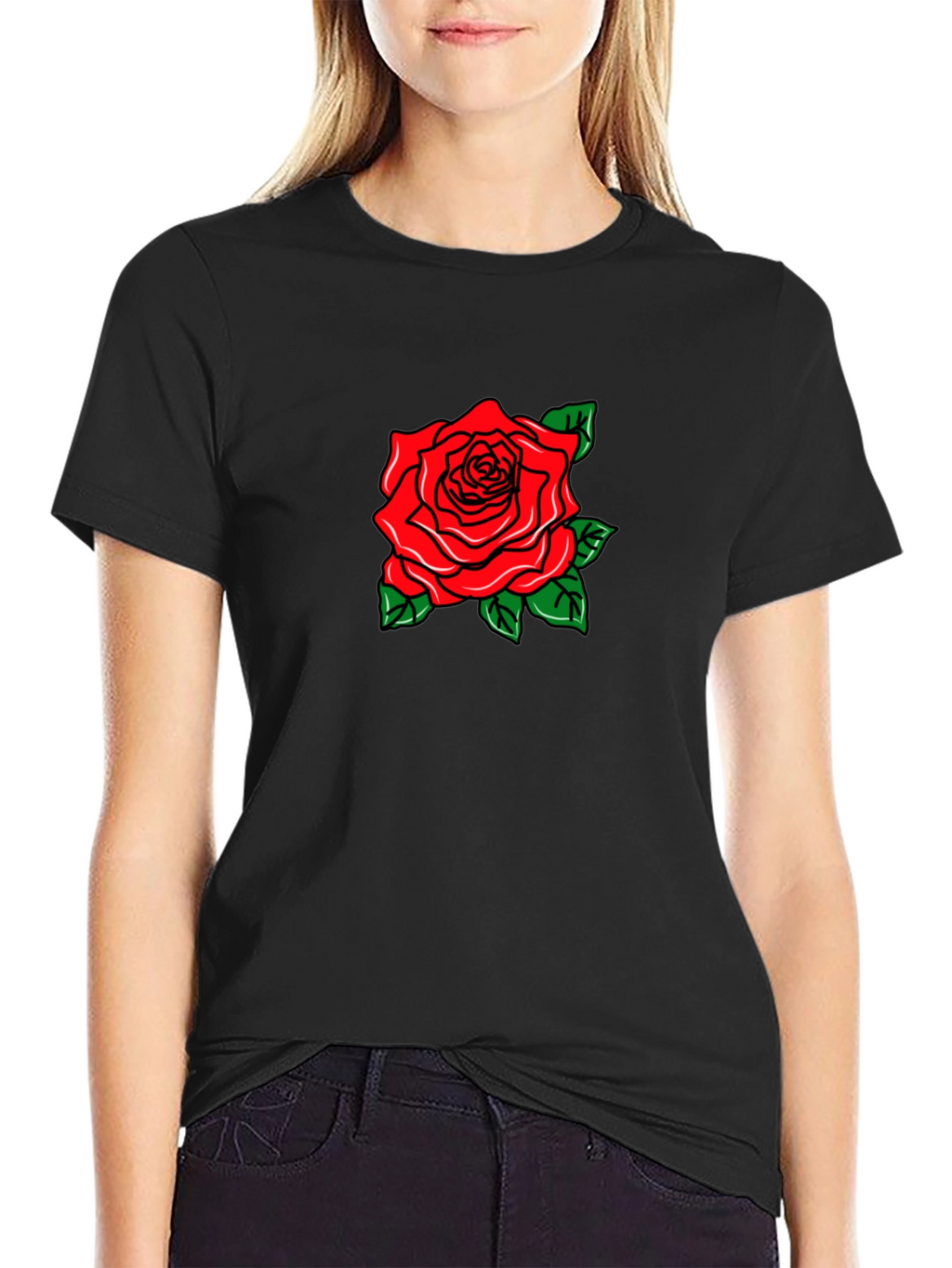 Black T-Shirt with Rose Graphic