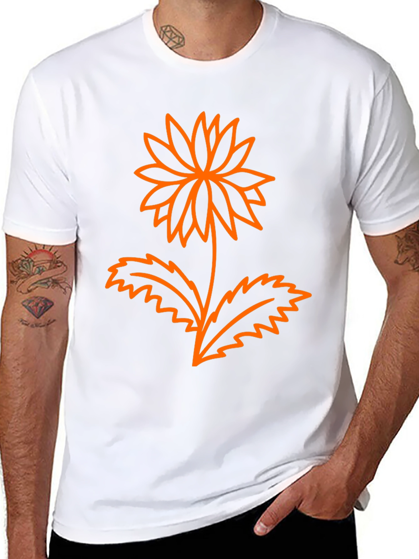 Mens Black Graphic Tee - Orange Flower Design