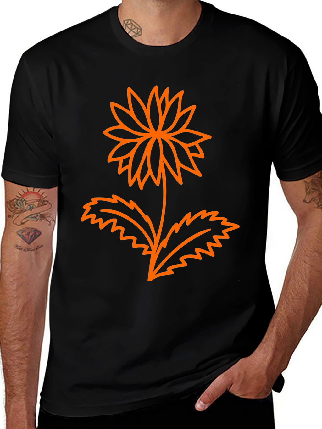 Mens Black Graphic Tee - Orange Flower Design