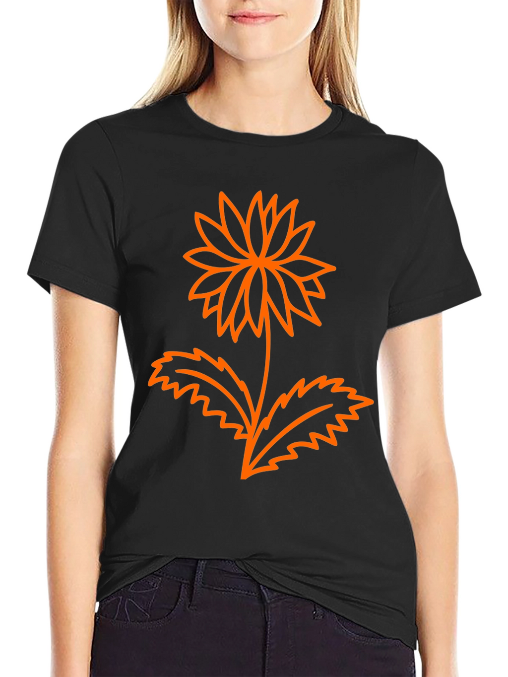 Mens Black Graphic Tee - Orange Flower Design