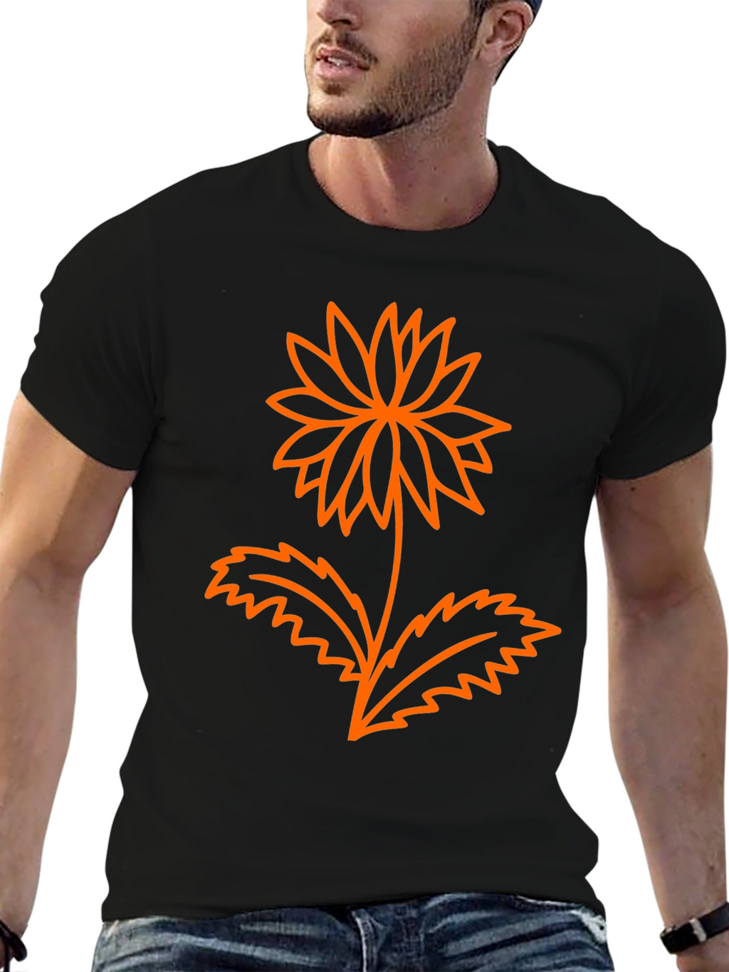 Mens Black Graphic Tee - Orange Flower Design