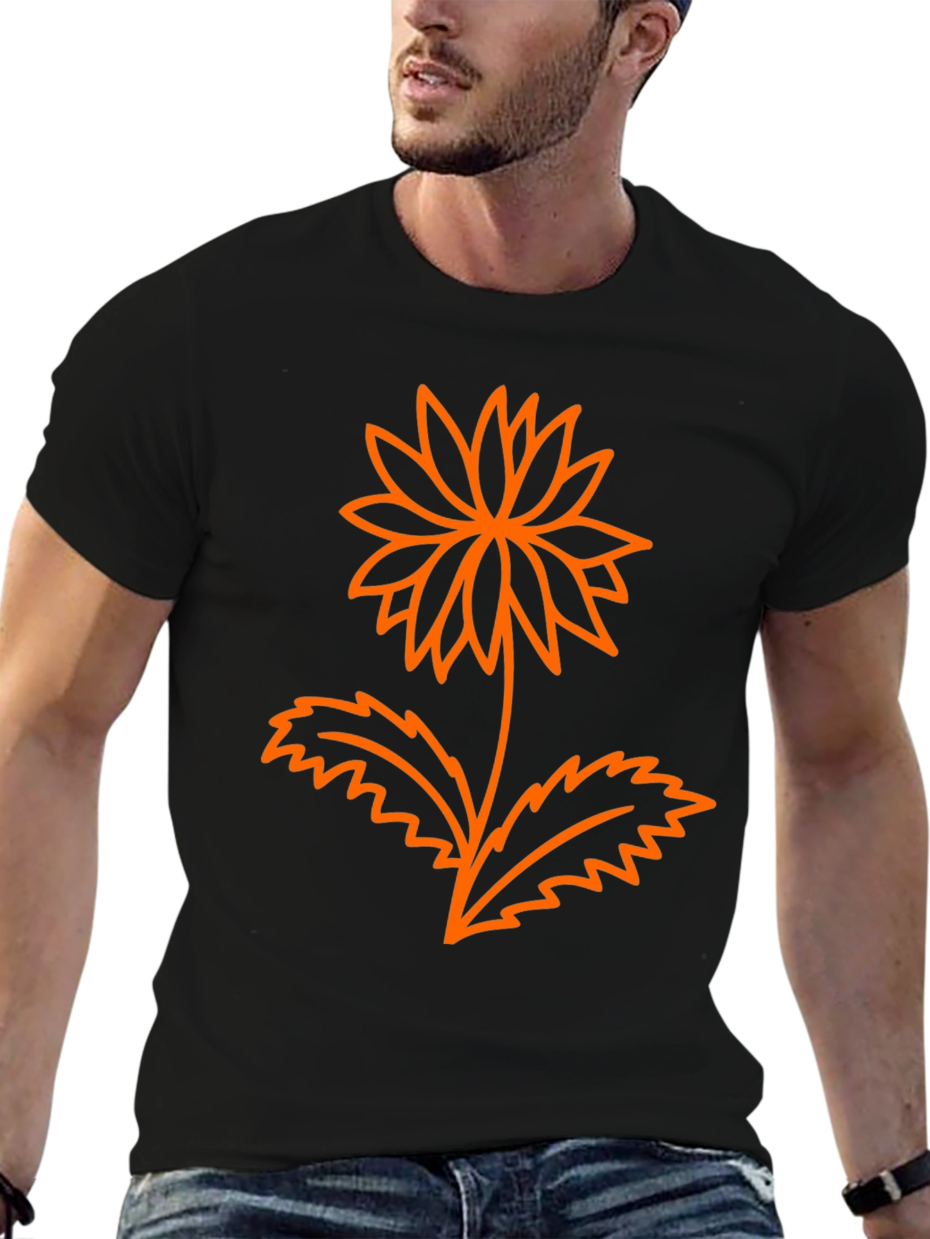 Mens Black Graphic Tee - Orange Flower Design