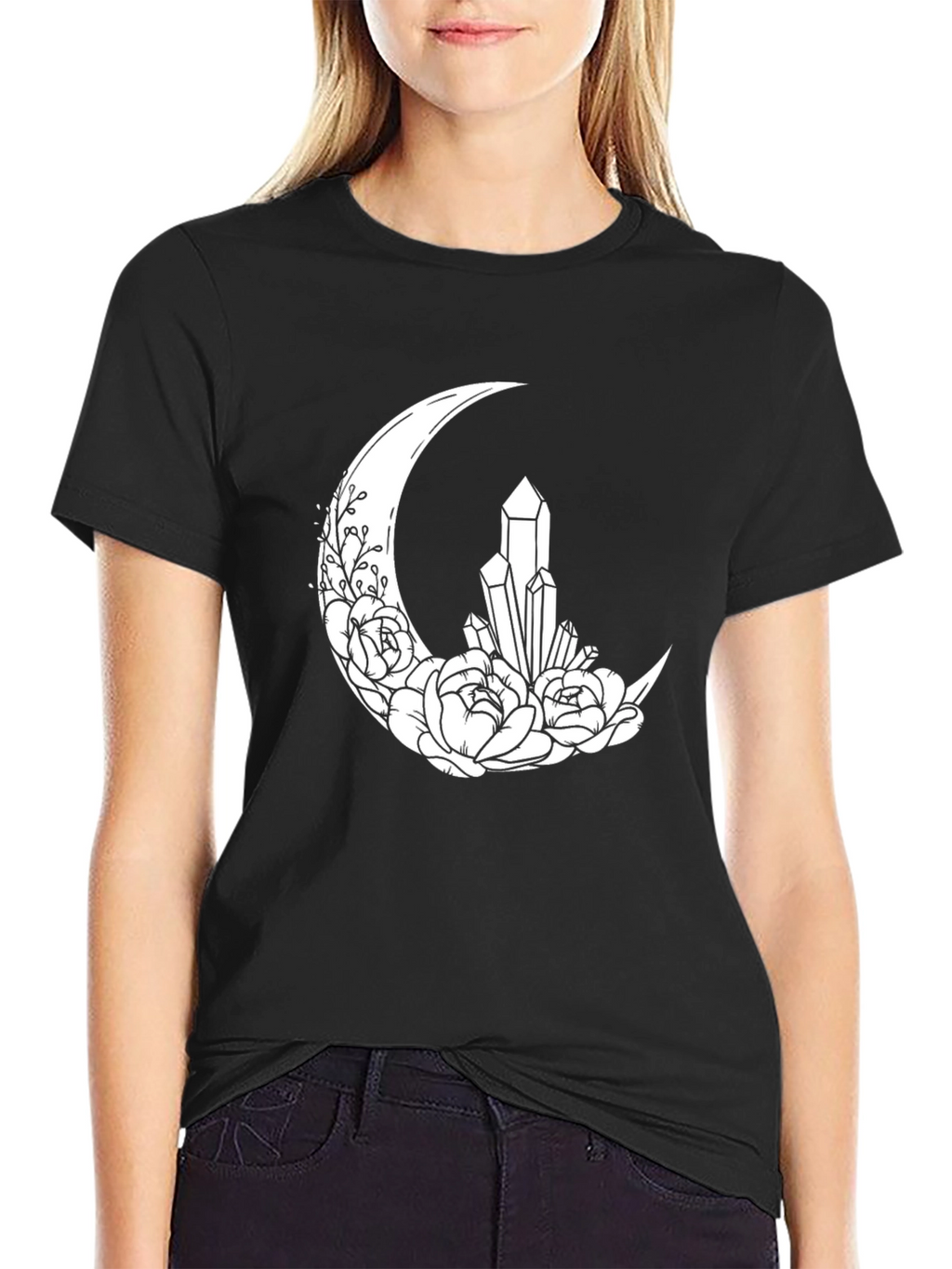 Crescent Moon Crystal Flower T-Shirt