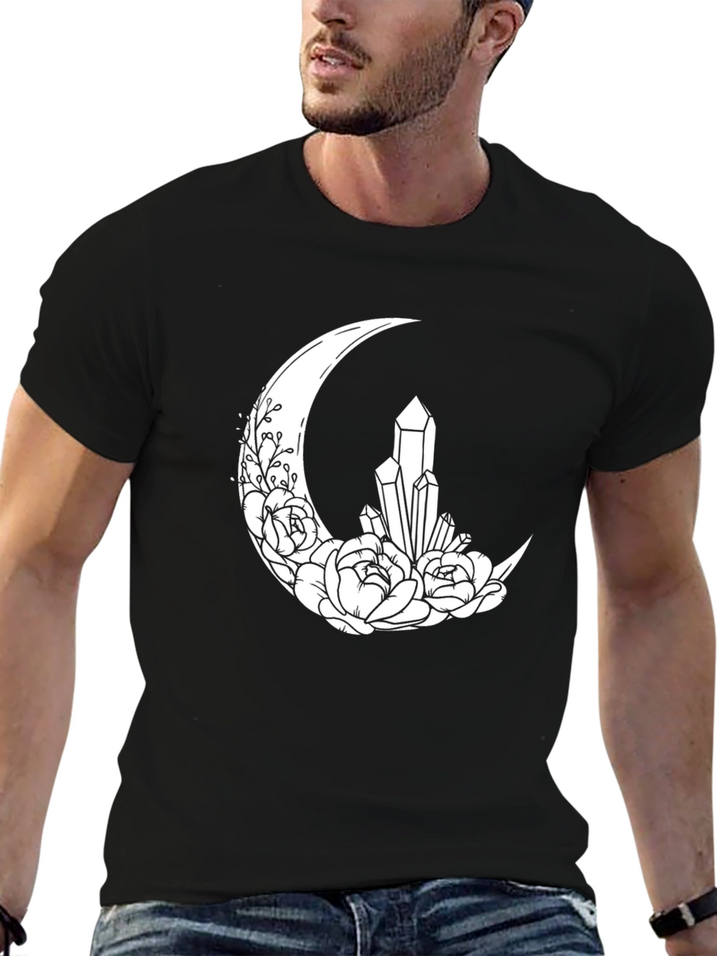 Crescent Moon Crystal Flower T-Shirt