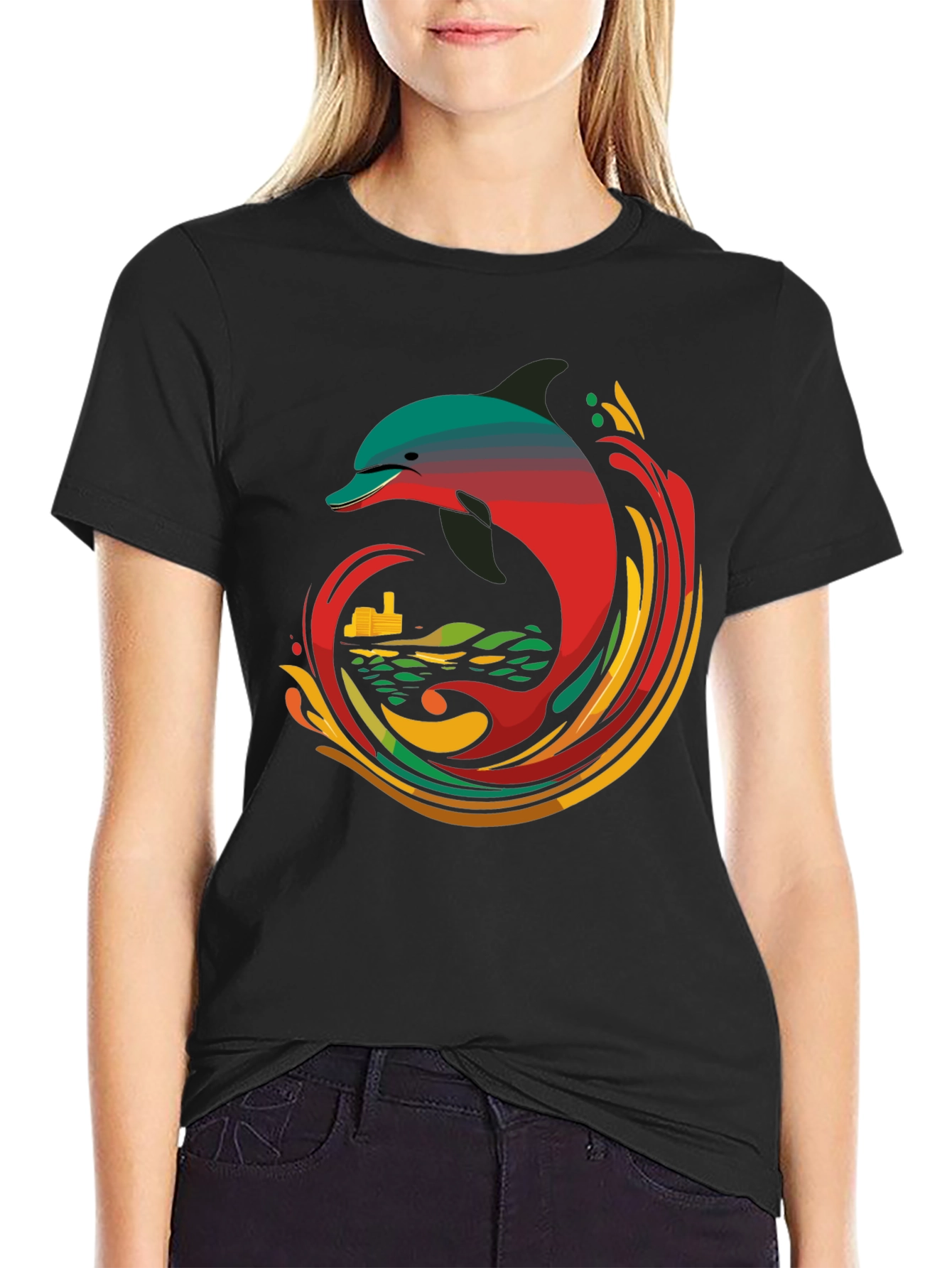 Retro Dolphin Graphic Tee - Cool Black T-Shirt