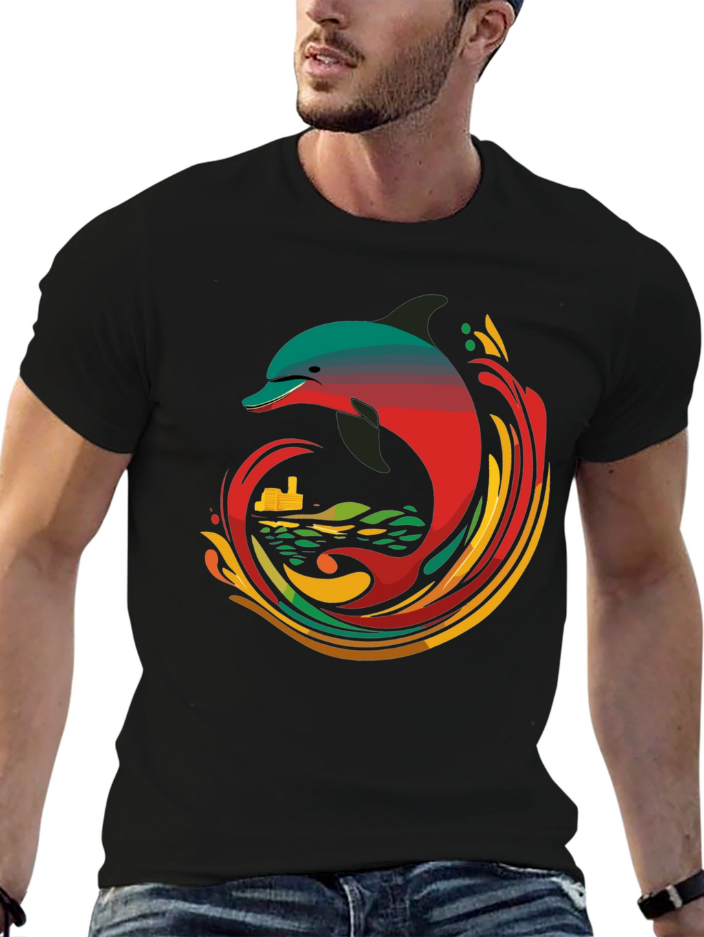 Retro Dolphin Graphic Tee - Cool Black T-Shirt