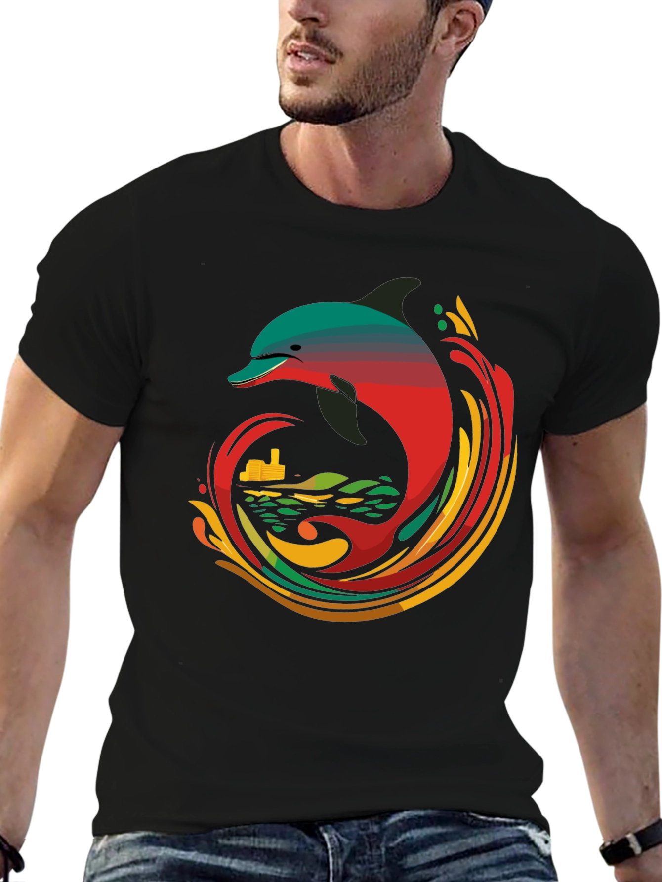 Retro Dolphin Graphic Tee - Cool Black T-Shirt