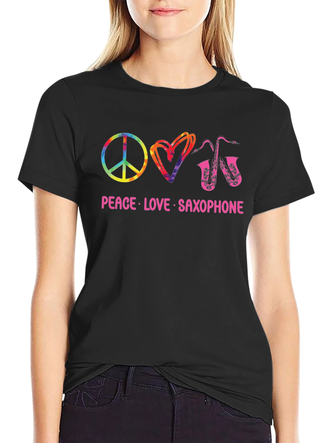 Peace Love Saxophone Black T-Shirt