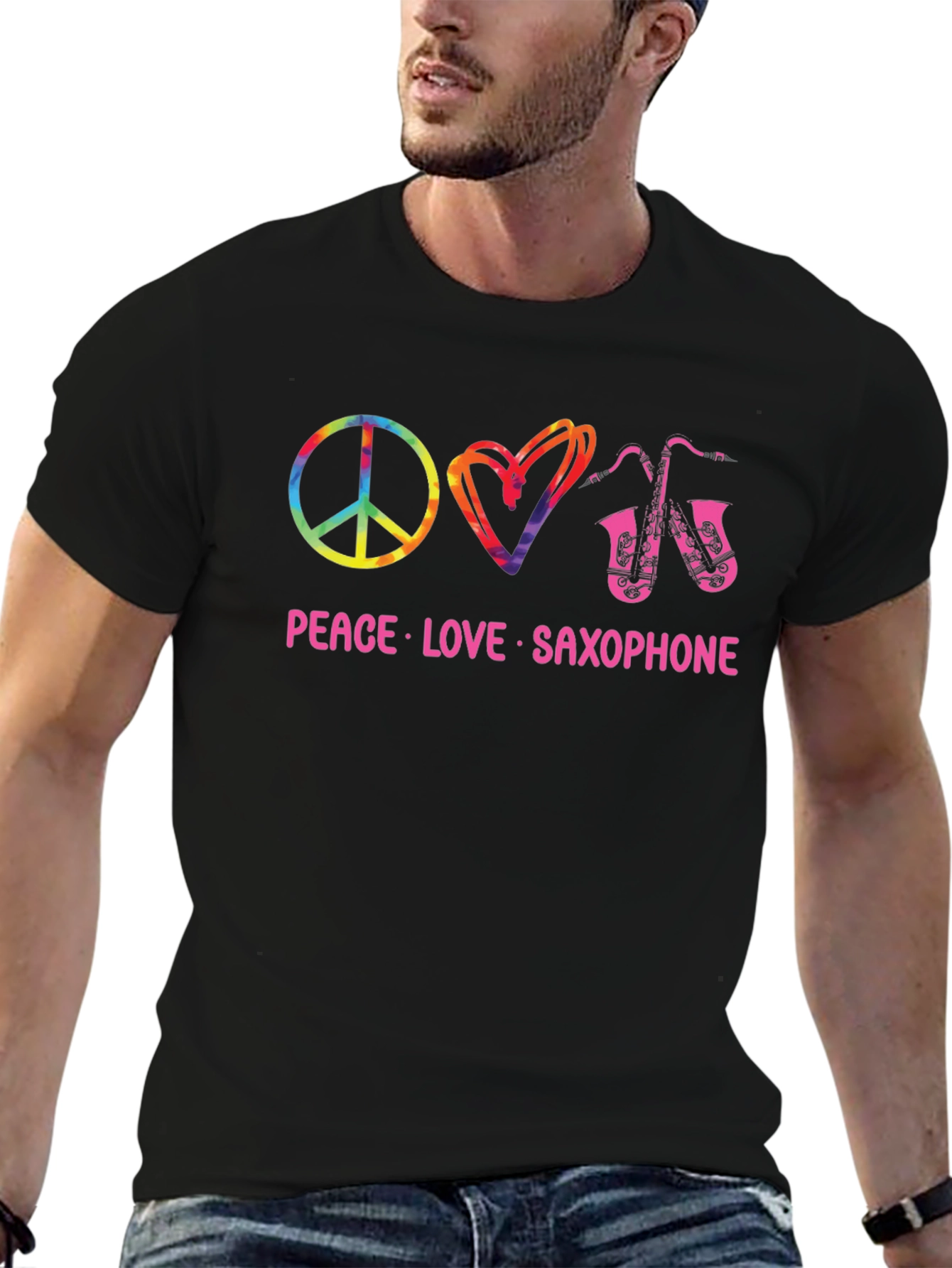 Peace Love Saxophone Black T-Shirt