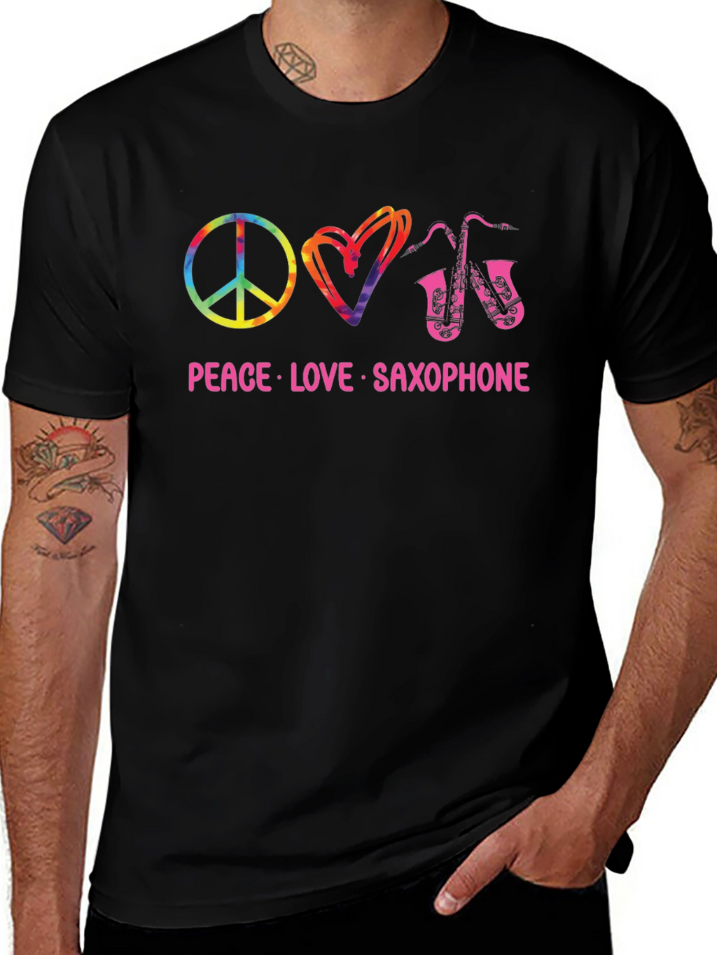 Peace Love Saxophone Black T-Shirt