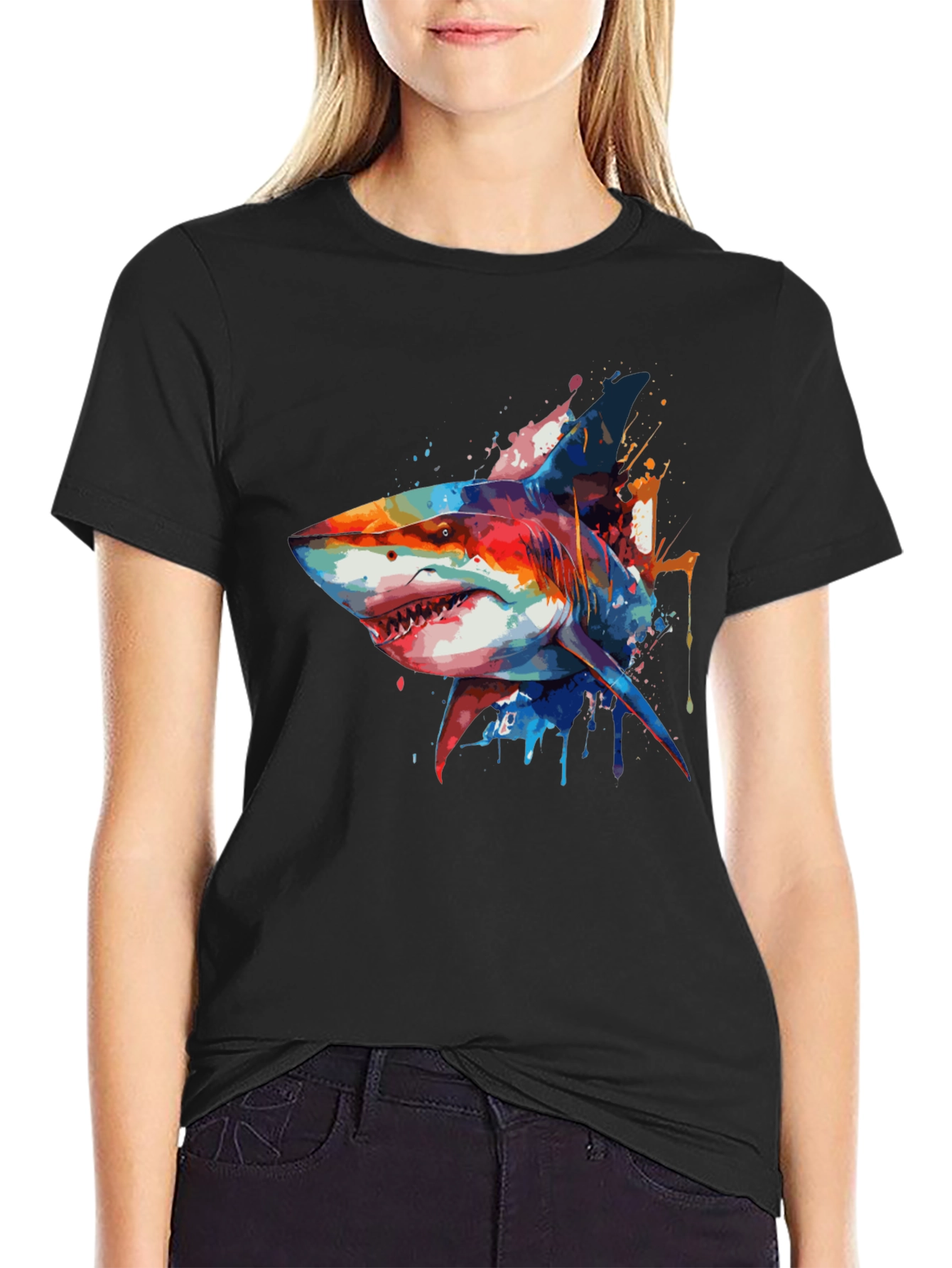 Colorful Shark Graphic T-Shirt - Mens Black Tee