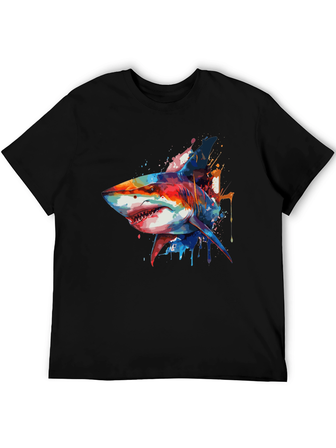 Colorful Shark Graphic T-Shirt - Mens Black Tee