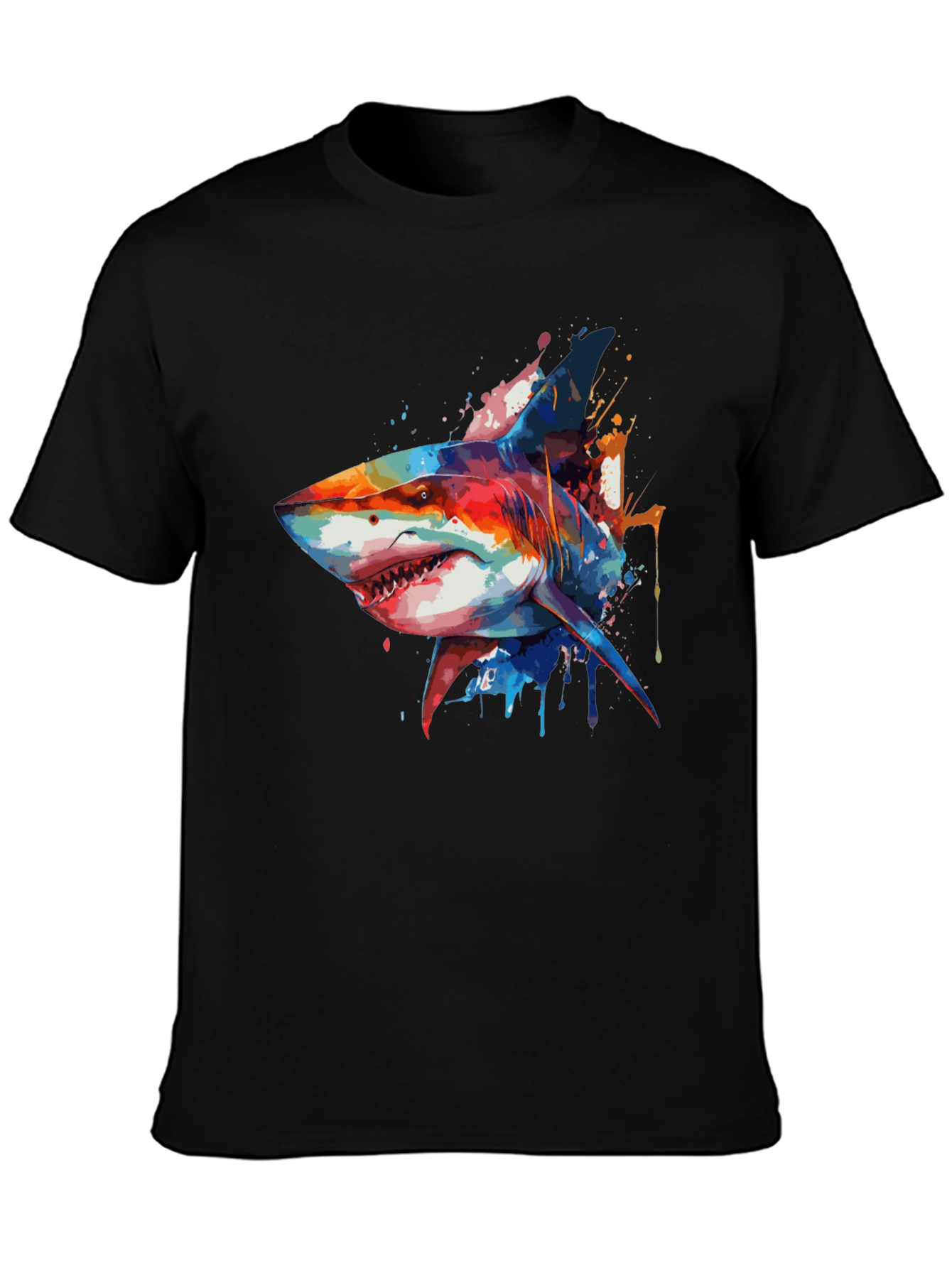 Colorful Shark Graphic T-Shirt - Mens Black Tee