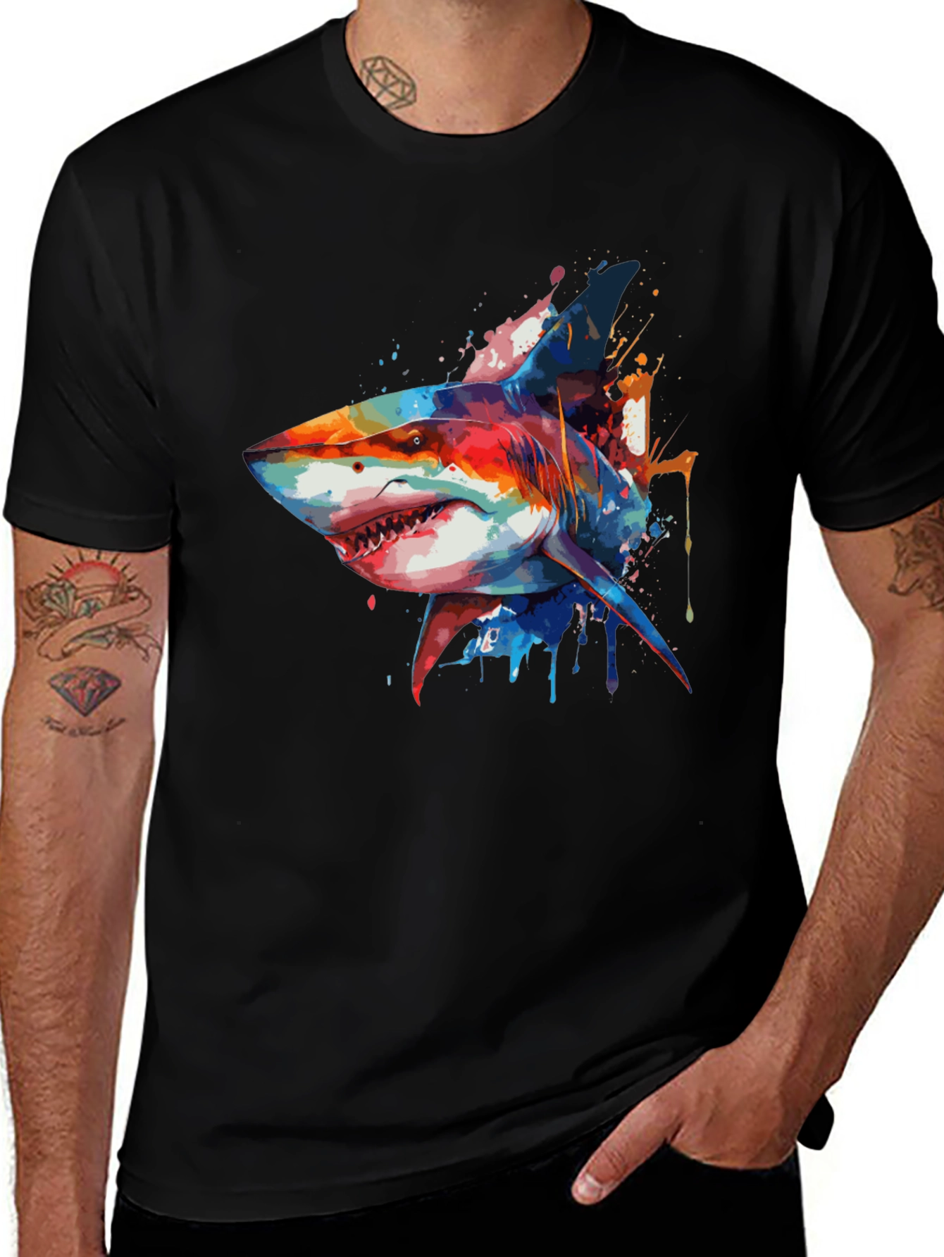 Colorful Shark Graphic T-Shirt - Mens Black Tee