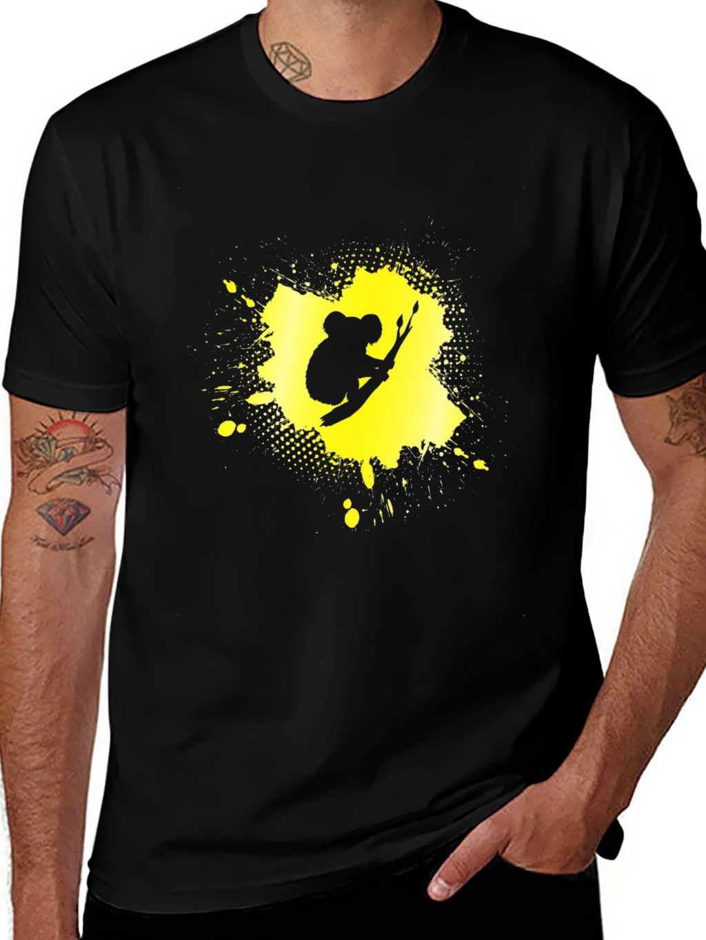 Koala Splatter Graphic Tee - Black Cotton Blend Shirt