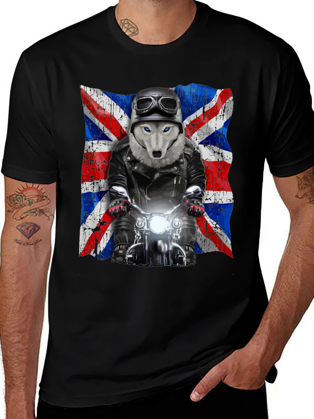 Wolf Biker Union Jack Graphic T-Shirt