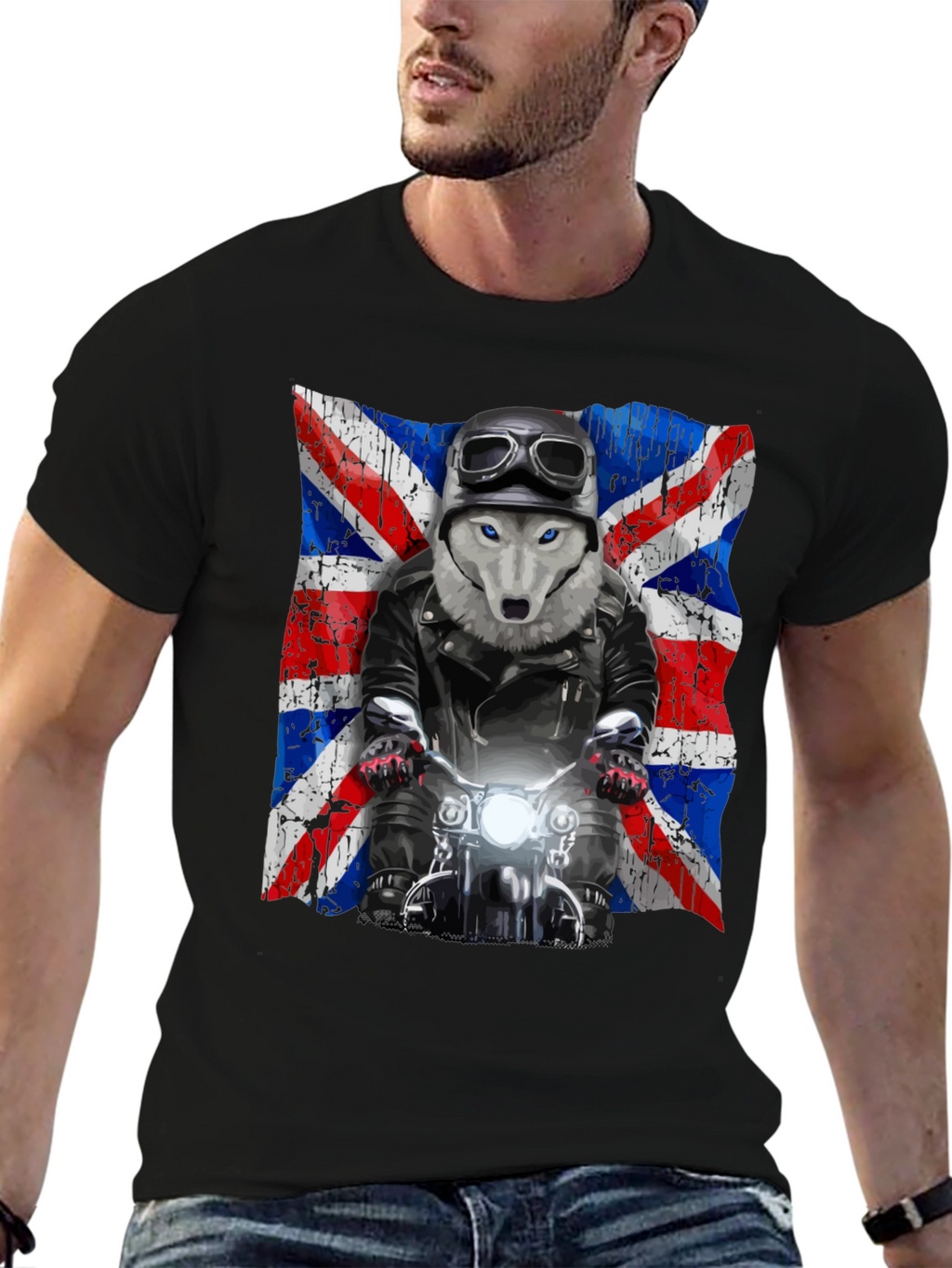 Wolf Biker Union Jack Graphic T-Shirt