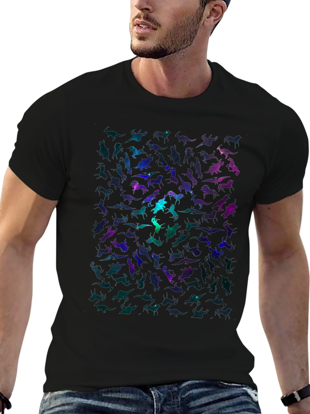 Galaxy Dinosaur Graphic Print Mens Black T-Shirt