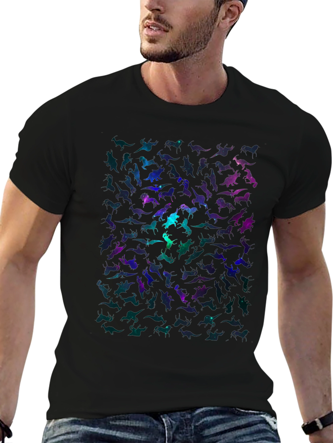 Galaxy Dinosaur Graphic Print Mens Black T-Shirt
