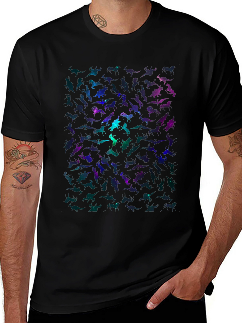 Galaxy Dinosaur Graphic Print Mens Black T-Shirt