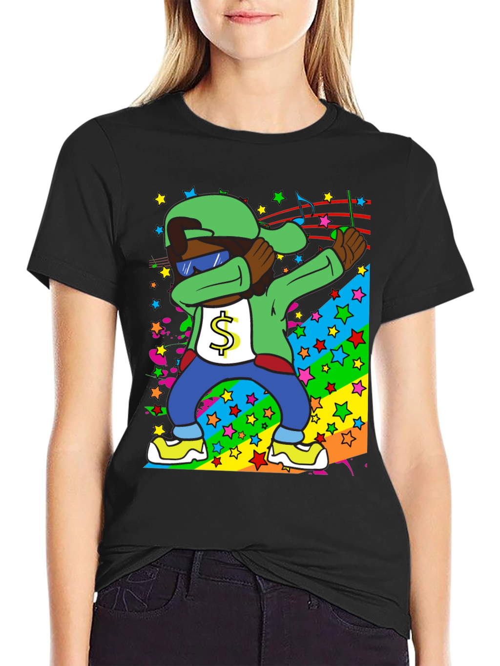 Dabbing Cartoon Graphic T-Shirt - Black