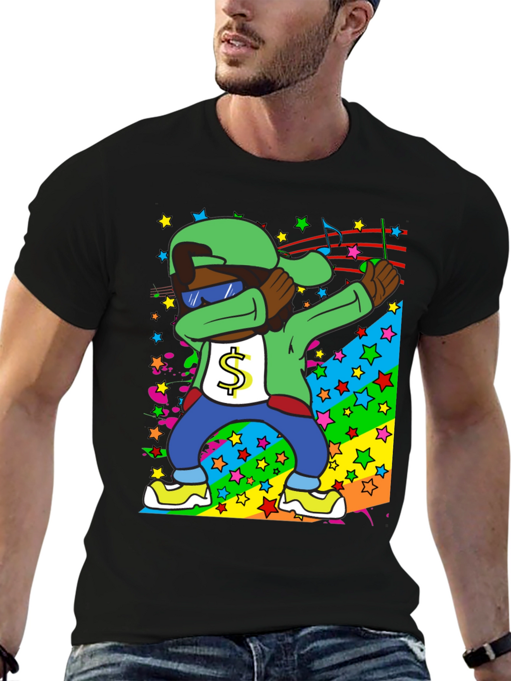 Dabbing Cartoon Graphic T-Shirt - Black