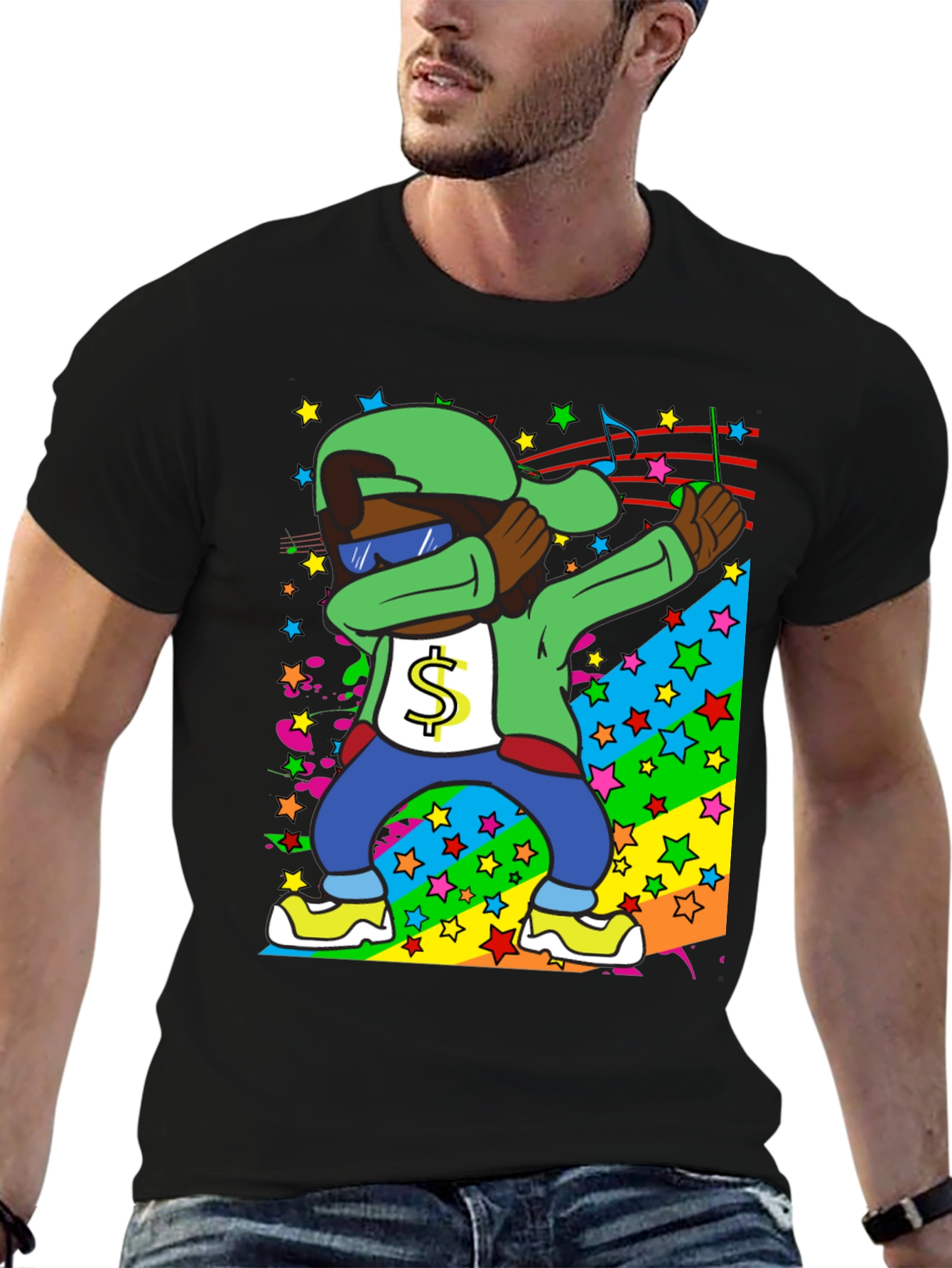 Dabbing Cartoon Graphic T-Shirt - Black