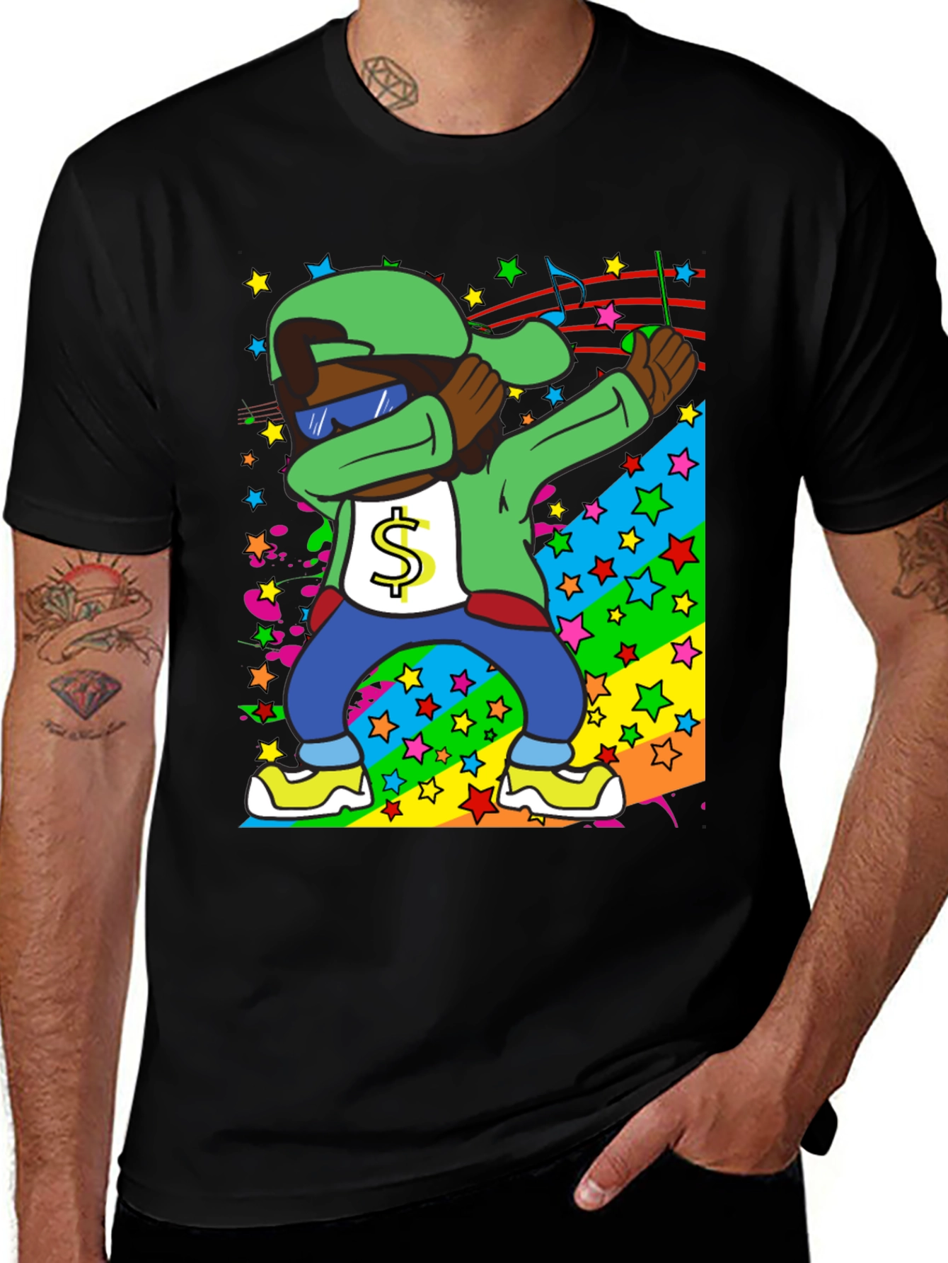 Dabbing Cartoon Graphic T-Shirt - Black