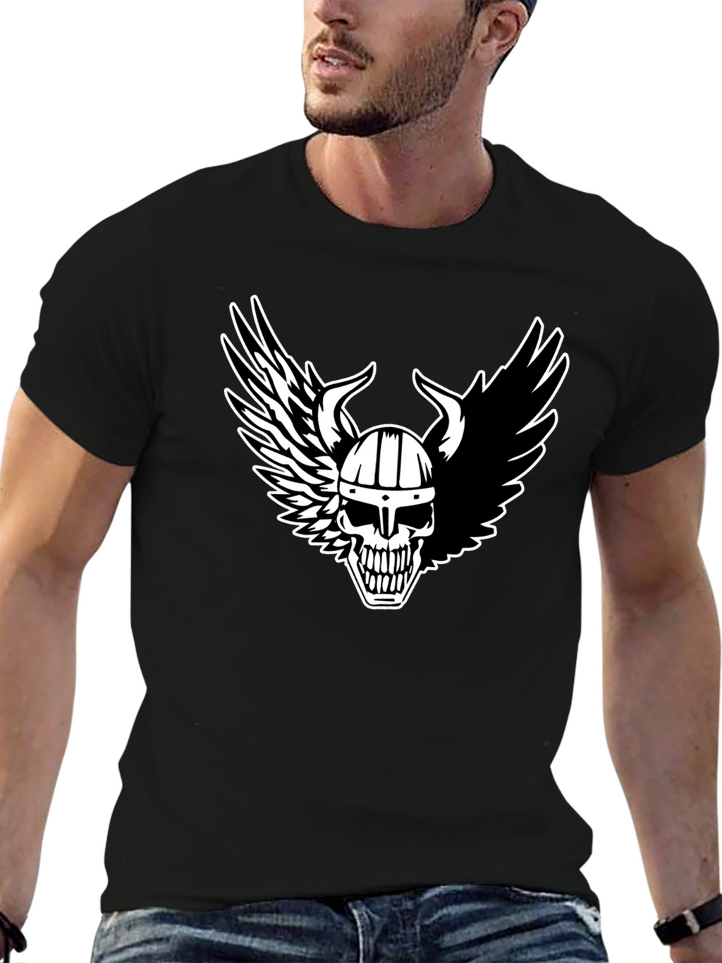 Viking Skull Winged T-Shirt - Black