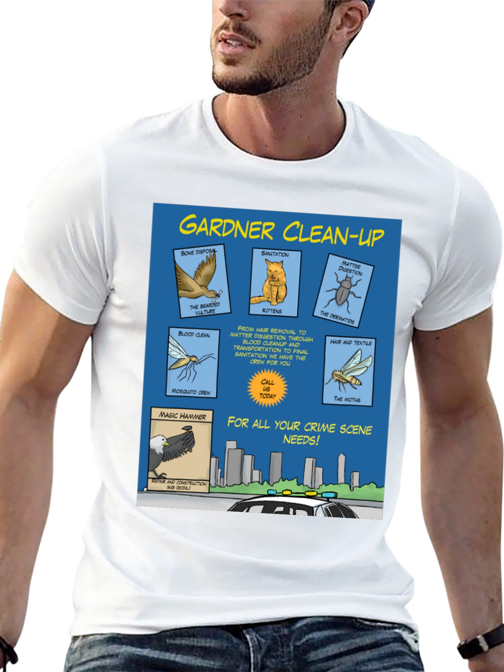 Gardner Clean-Up T-Shirt - Crime Scene Cartoon