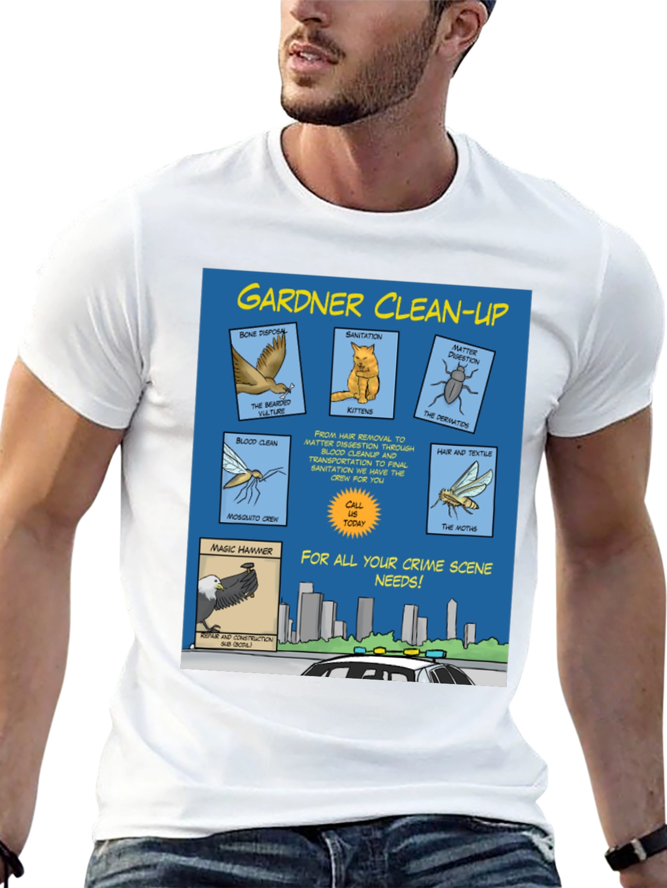 Gardner Clean-Up T-Shirt - Crime Scene Cartoon