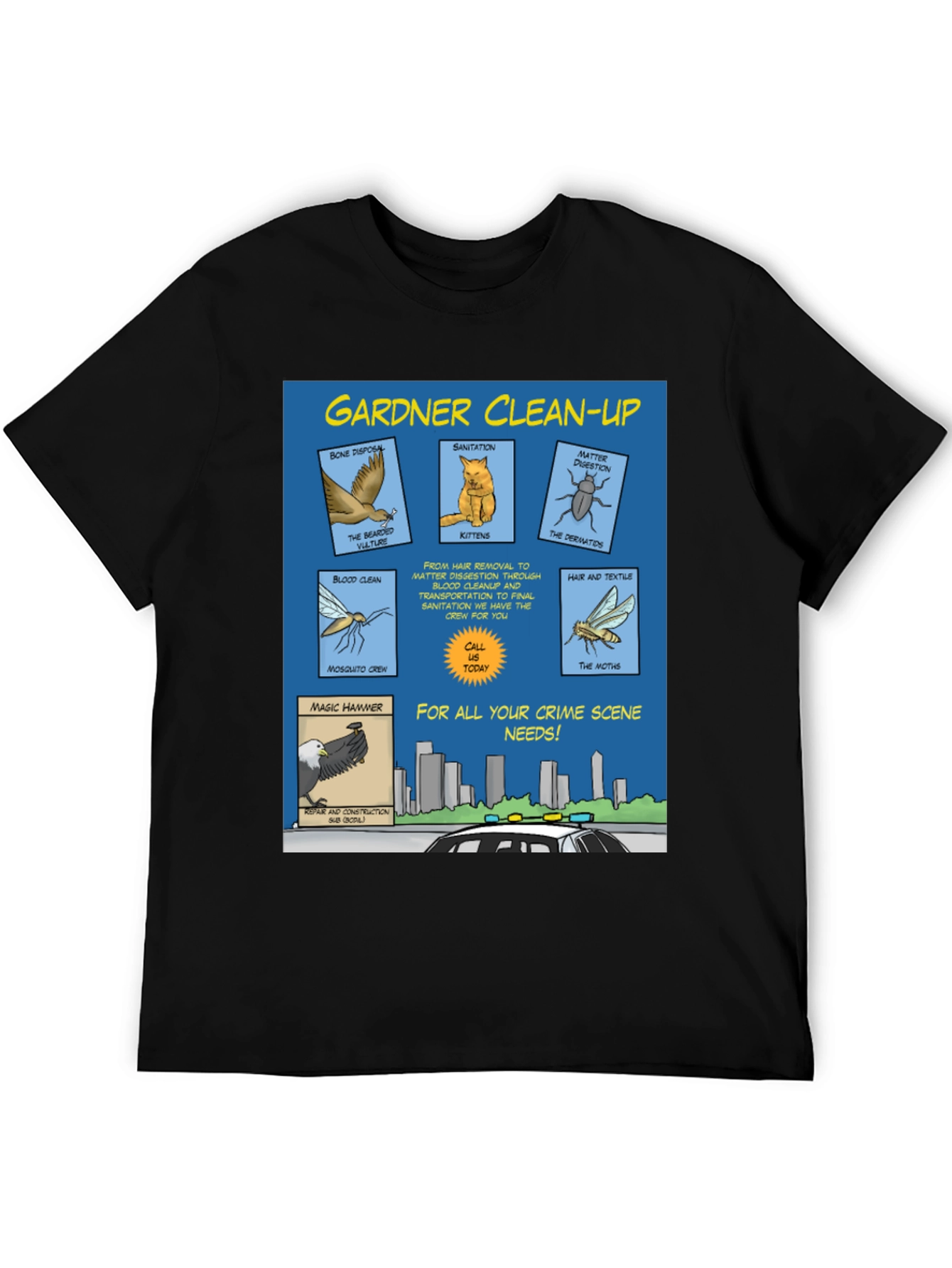 Gardner Clean-Up T-Shirt - Crime Scene Cartoon