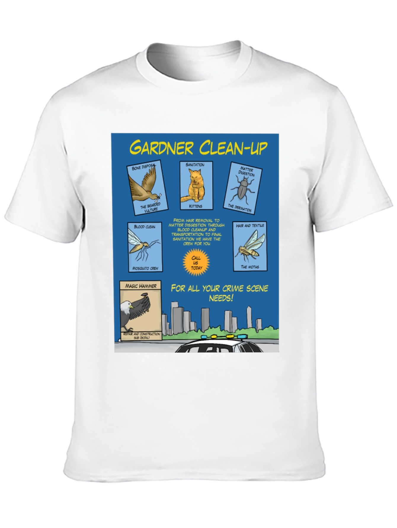 Gardner Clean-Up T-Shirt - Crime Scene Cartoon
