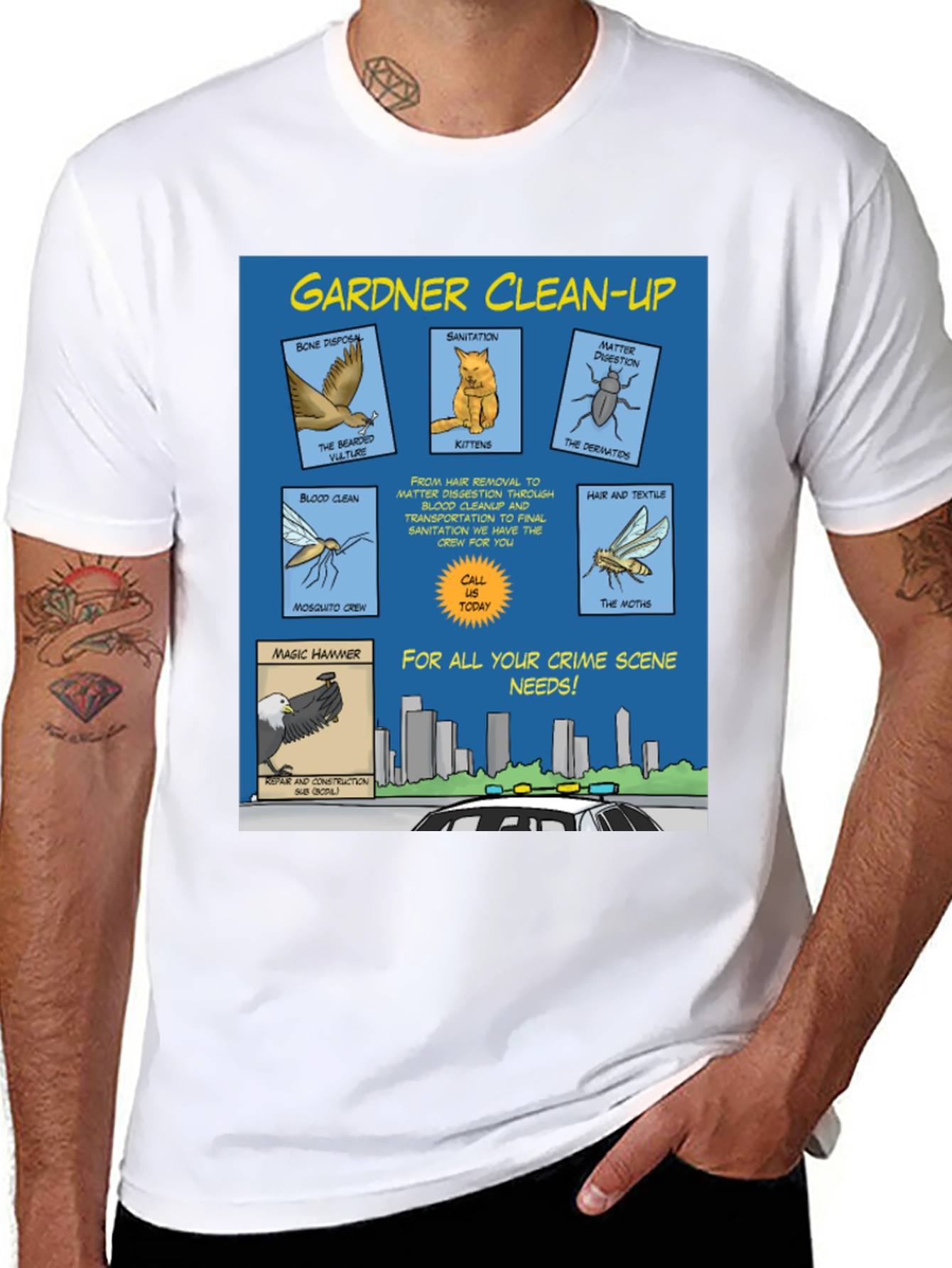 Gardner Clean-Up T-Shirt - Crime Scene Cartoon