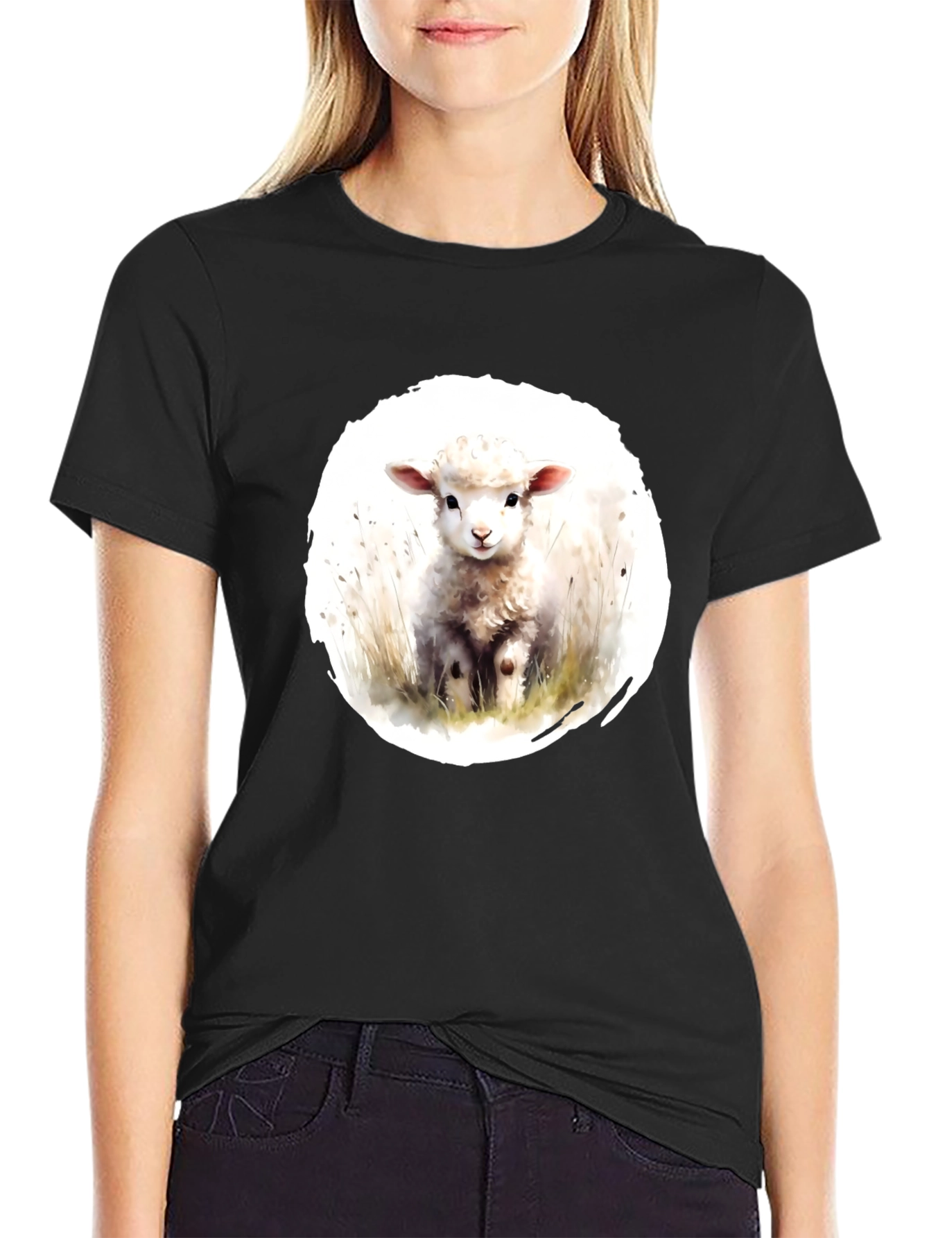 Cute Lamb Graphic Tee - Black Cotton T-Shirt