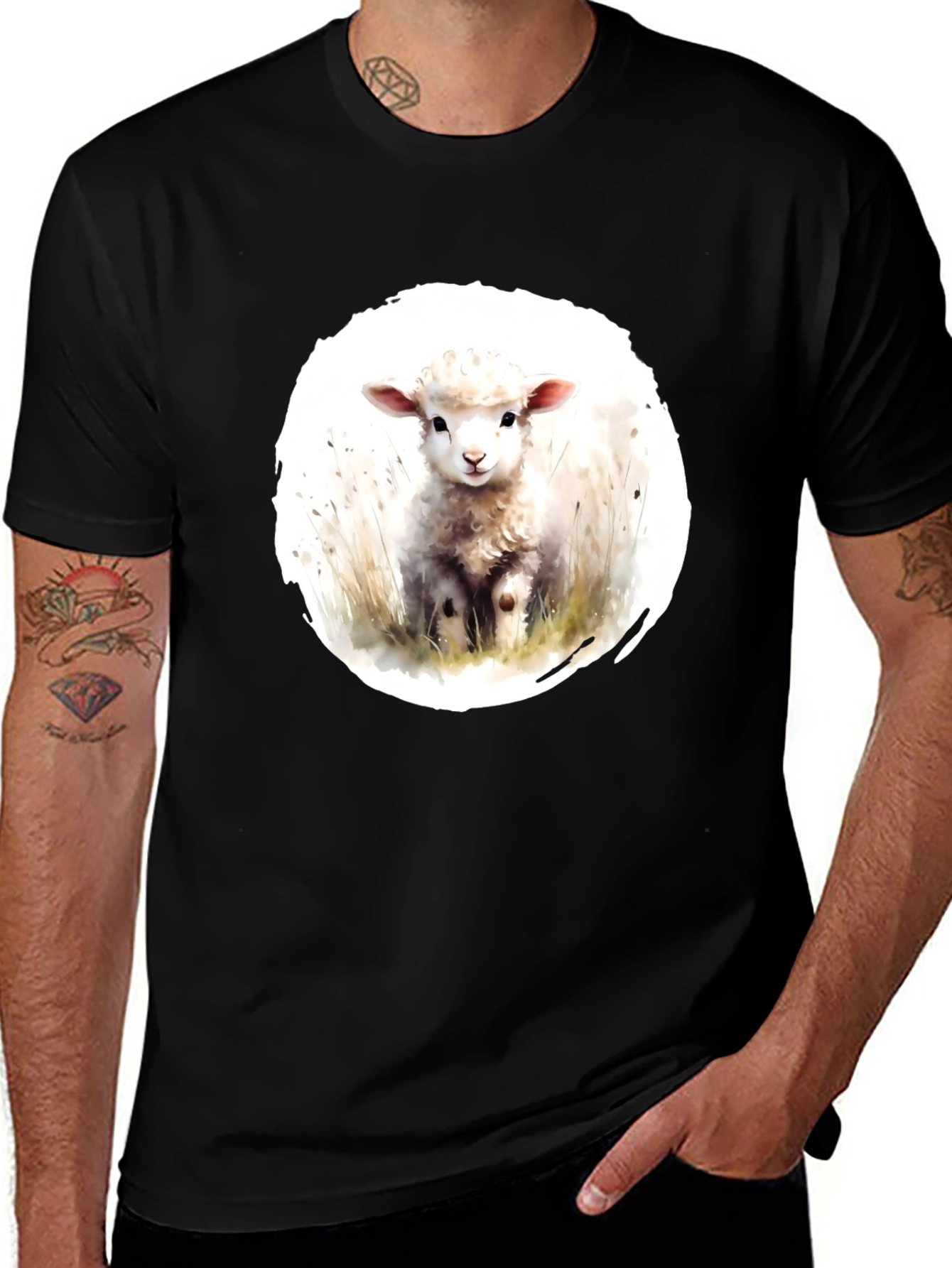 Cute Lamb Graphic Tee - Black Cotton T-Shirt