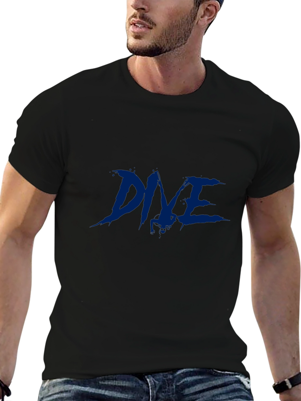 Mens Black T-Shirt with Blue Graphic Print