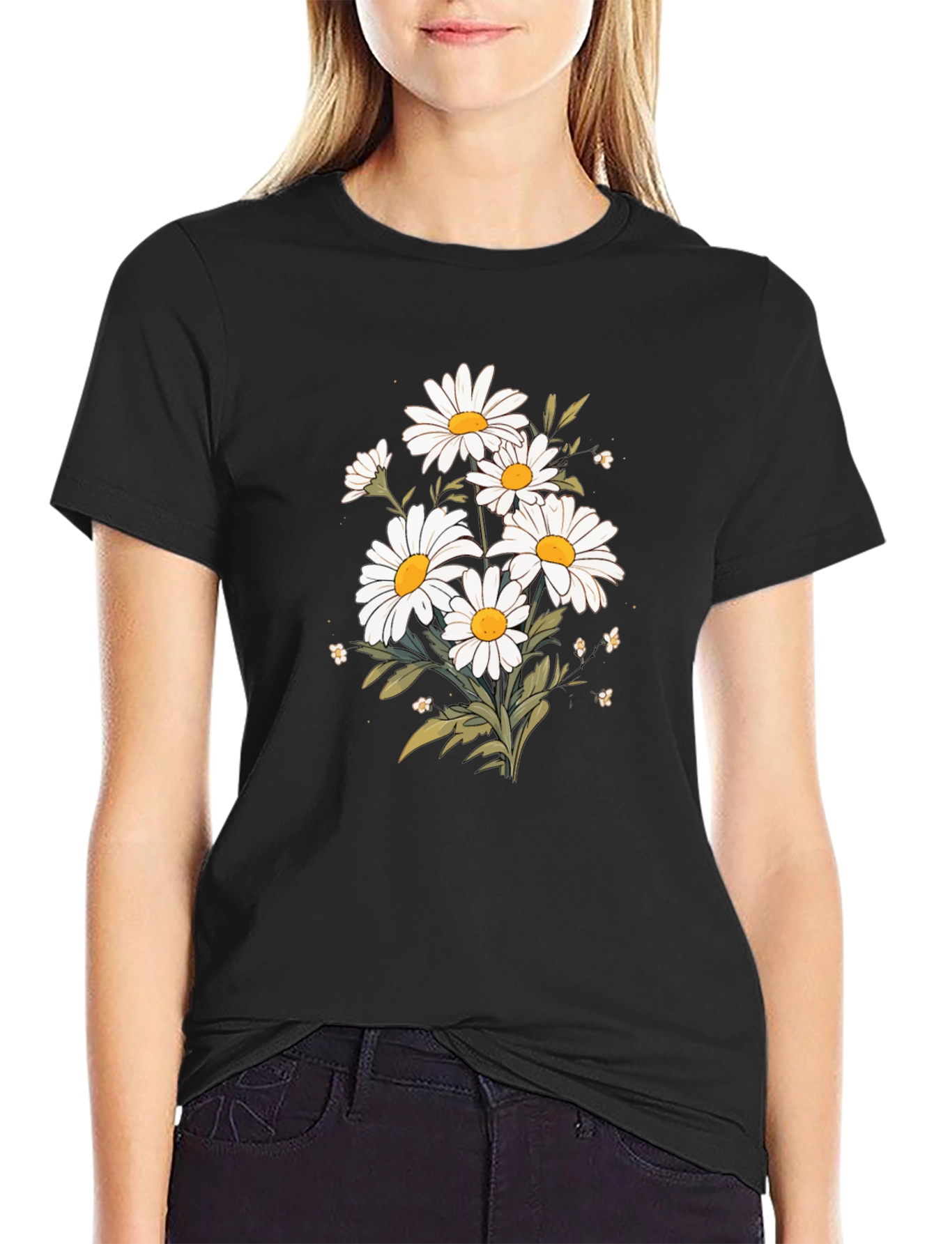 Daisy Graphic Tee - Black Cotton T-Shirt