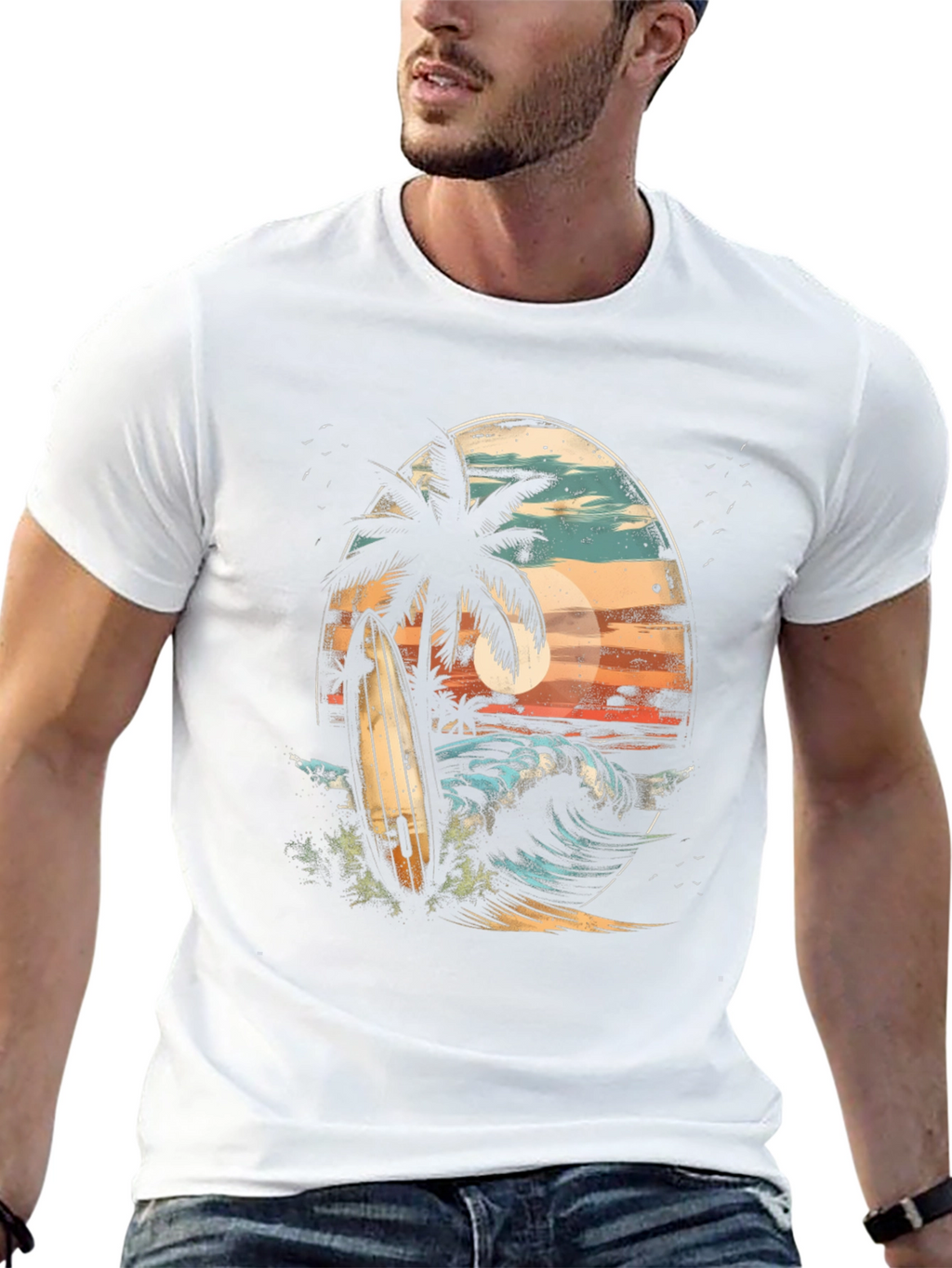 Surfboard Palm Tree Graphic Tee - Coastal Vibes T-Shirt