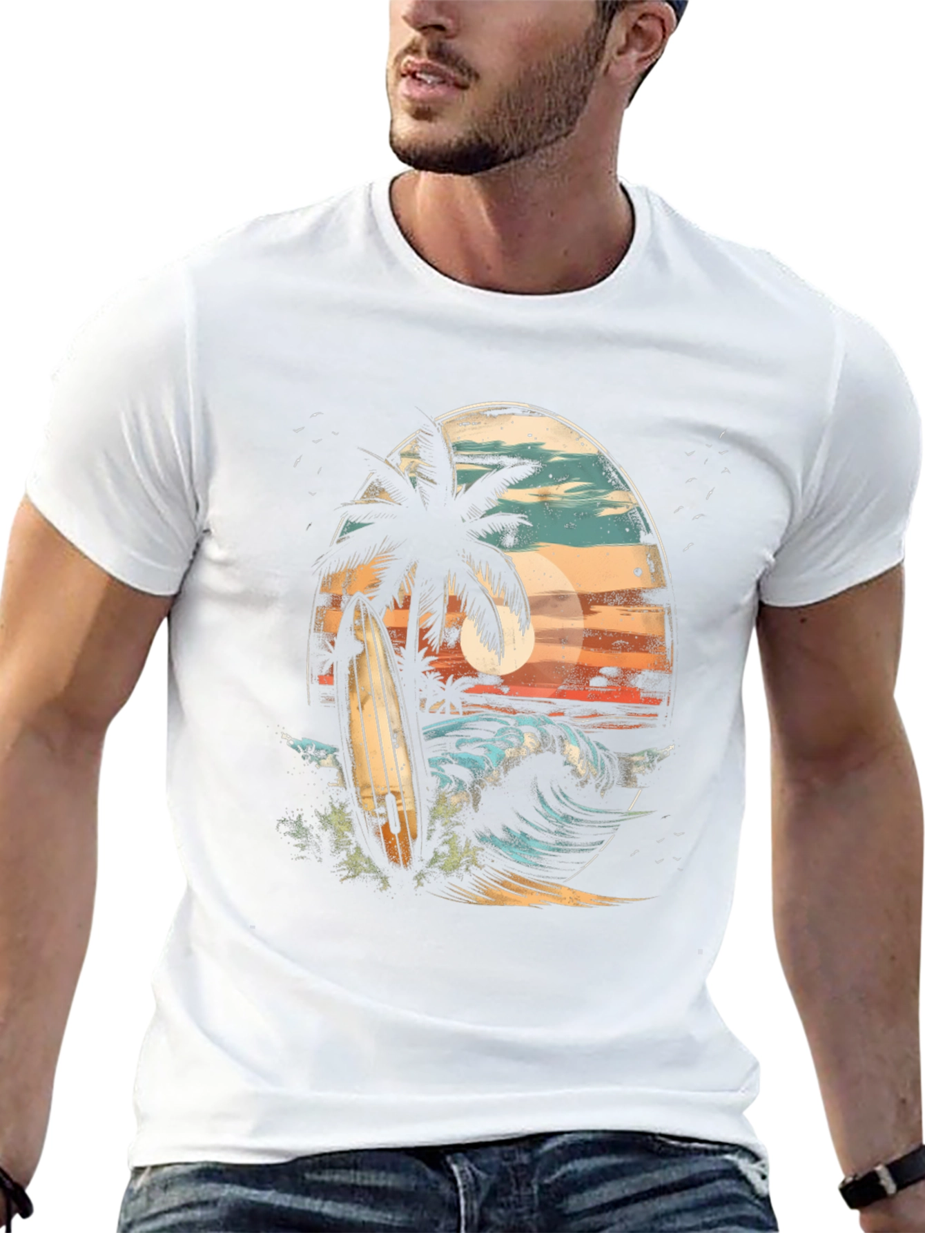 Surfboard Palm Tree Graphic Tee - Coastal Vibes T-Shirt