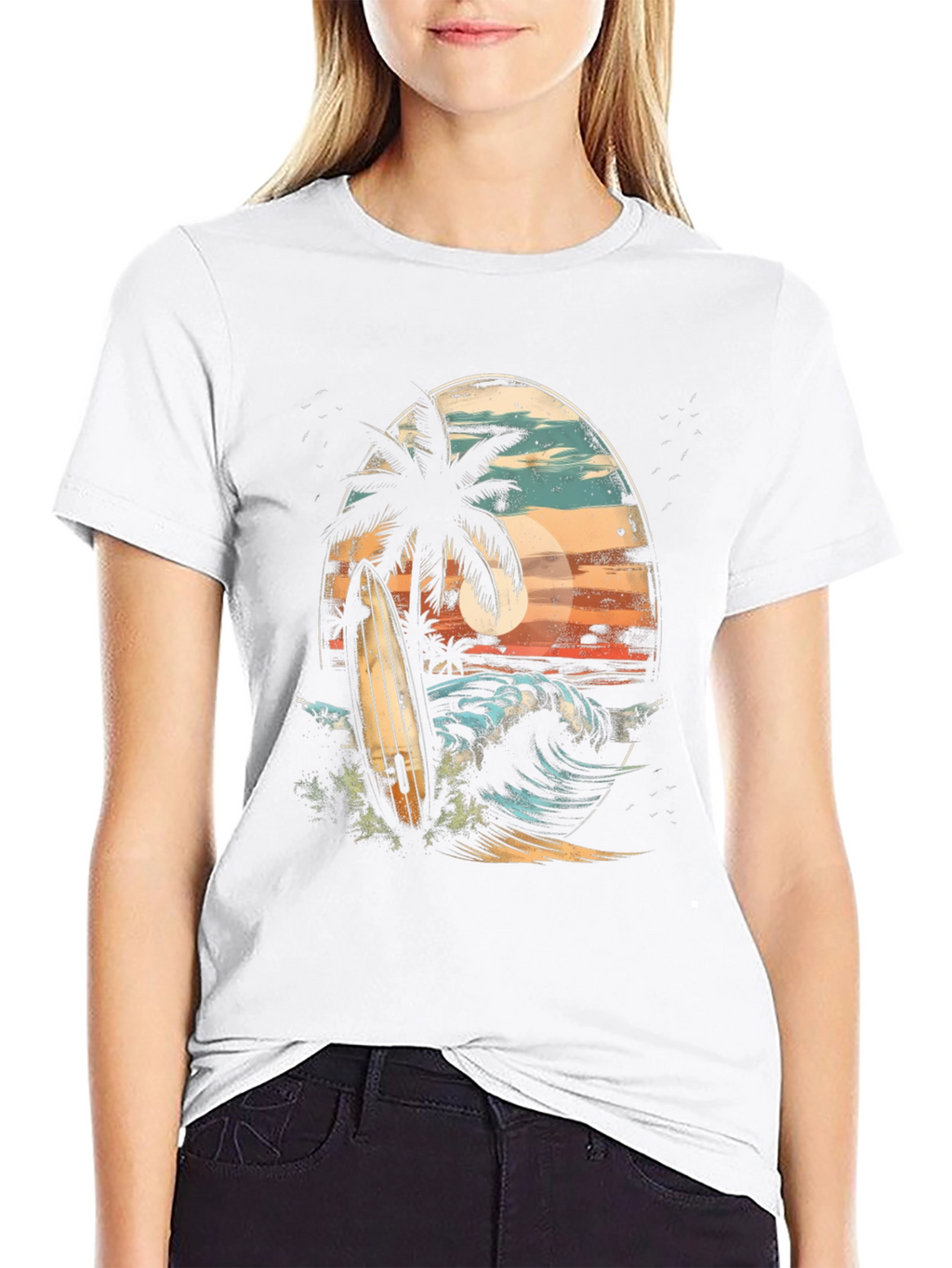 Surfboard Palm Tree Graphic Tee - Coastal Vibes T-Shirt