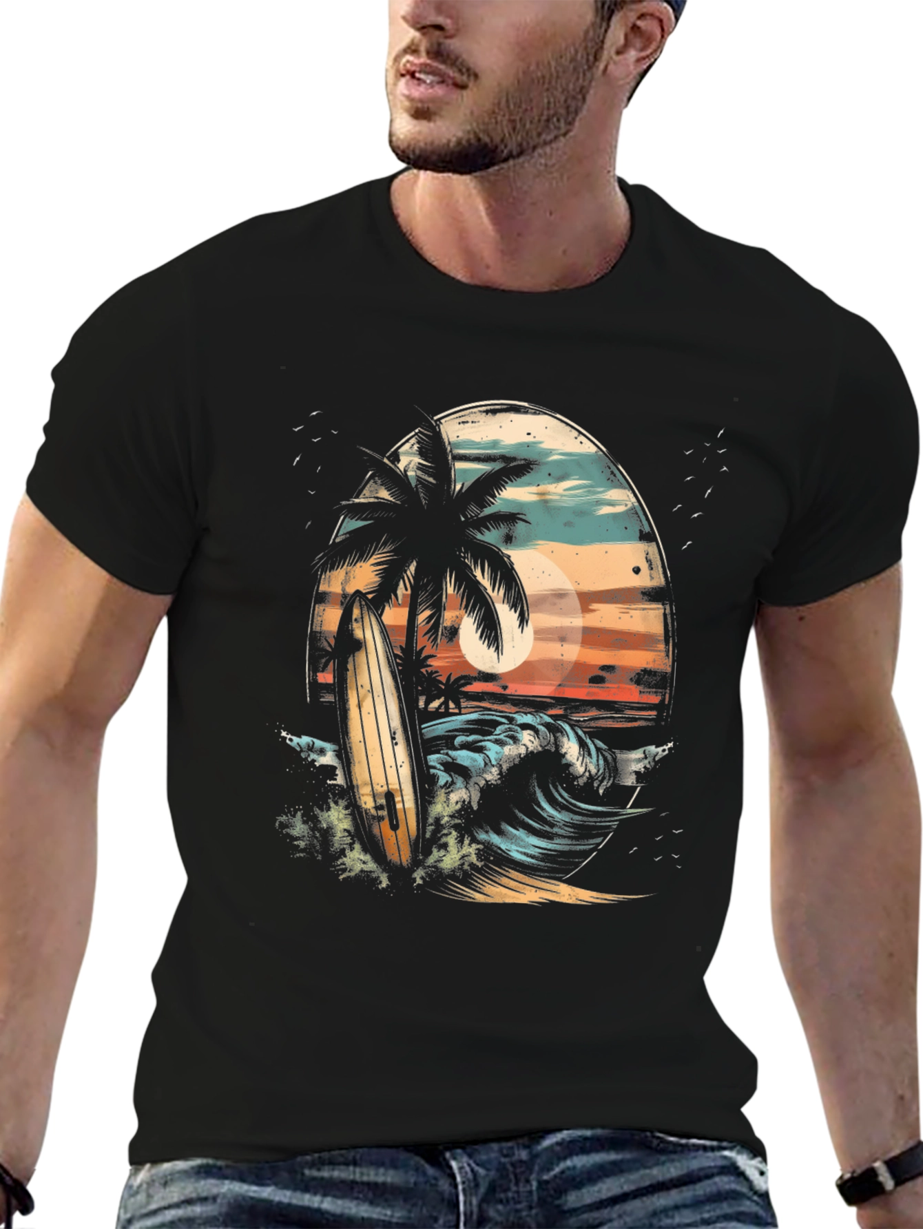 Surfboard Palm Tree Graphic Tee - Coastal Vibes T-Shirt