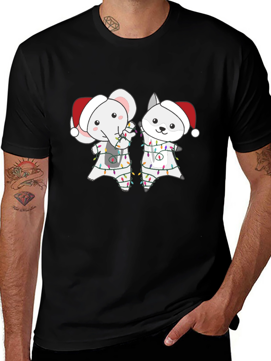 Festive Animal Tee - Elephant & Wolf Christmas Lights