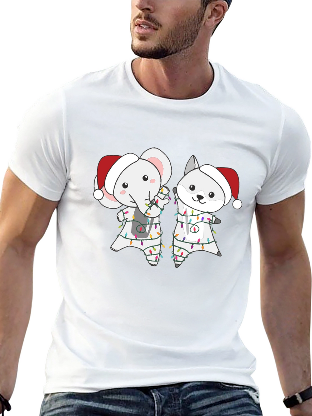 Festive Animal Tee - Elephant & Wolf Christmas Lights
